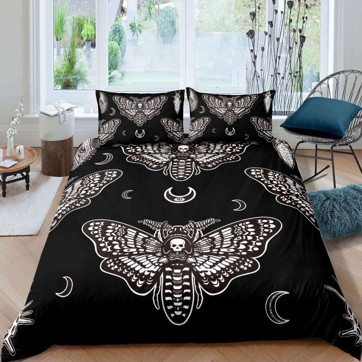 Feelyou Boys Boho Moth Duvet Cover Queen Size Men Gothic Skull Bedding Set For Girls Women Bedroom Decor Bohemian Moon Star Comf