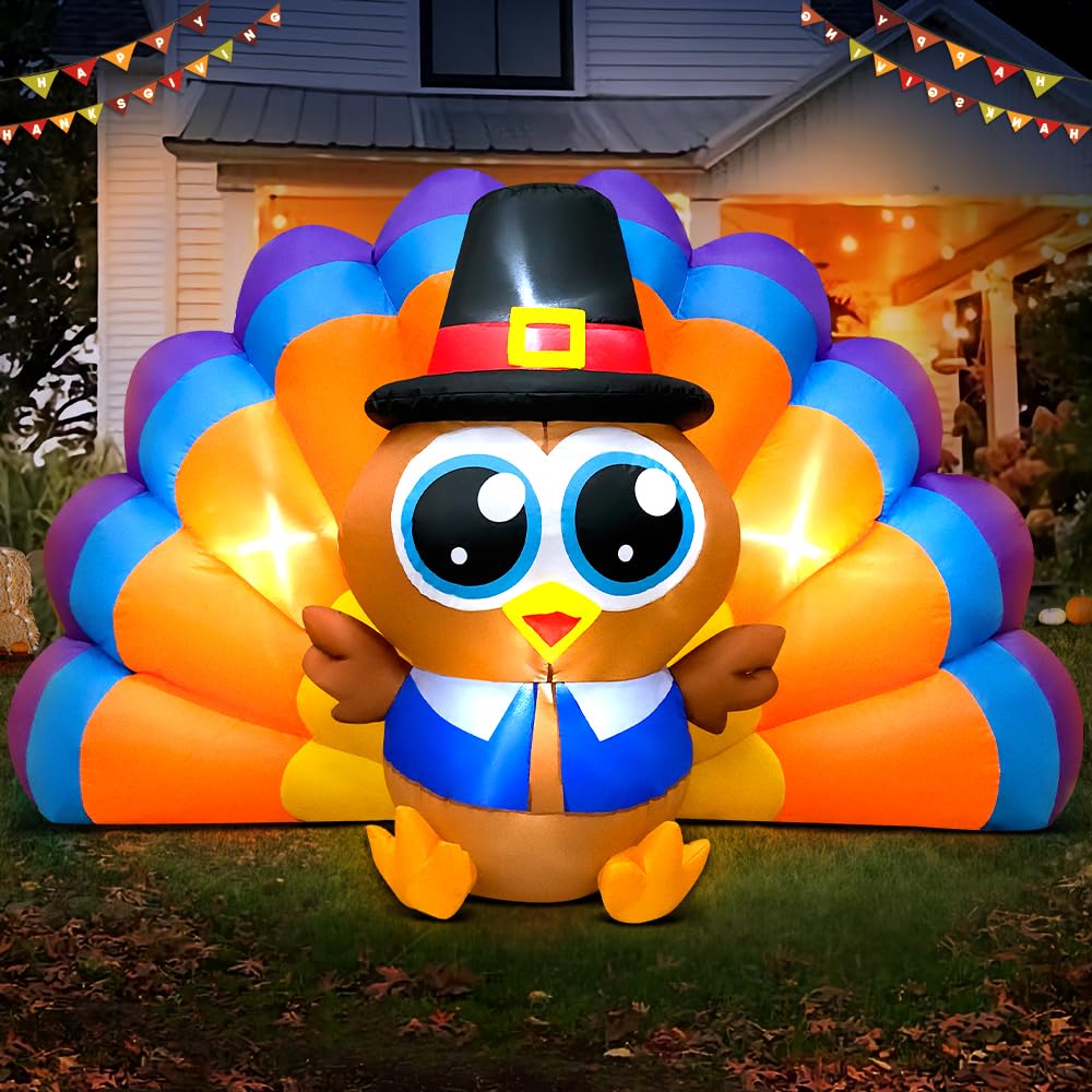 6FT Thanksgiving Inflatable Turkey with Blue Tail Thanksgiving Inflatable Outdoor Decorations with LED Lights, Blow Up Yard Deco