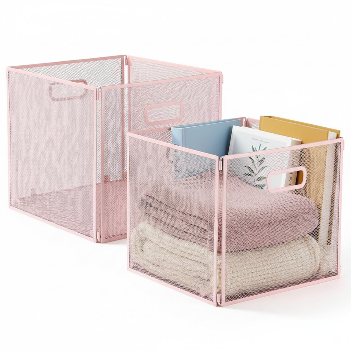 Funnymoom 2 Pcs Pink Foldable Metal Wire Basket with Handles 13 x 13 Inch