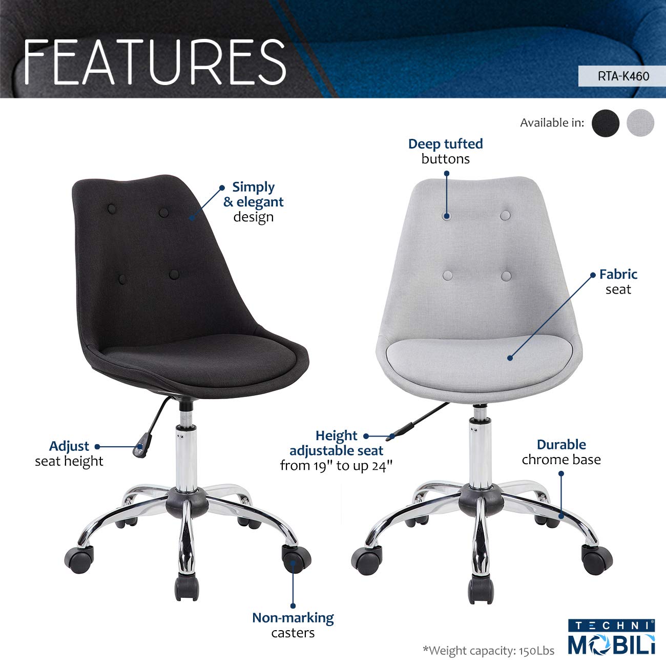 Techni Mobili Armless Task Chair, Comfortable Fabric Seat Desk Chair With Steel Base, Black