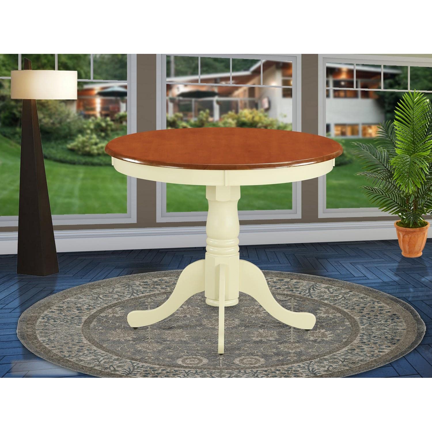 East West Furniture ANT-WHI-T Antique Modern Dining Table - a Round Kitchen Table Top with Pedestal Base, 36x36 Inch, Buttermilk & Cherry