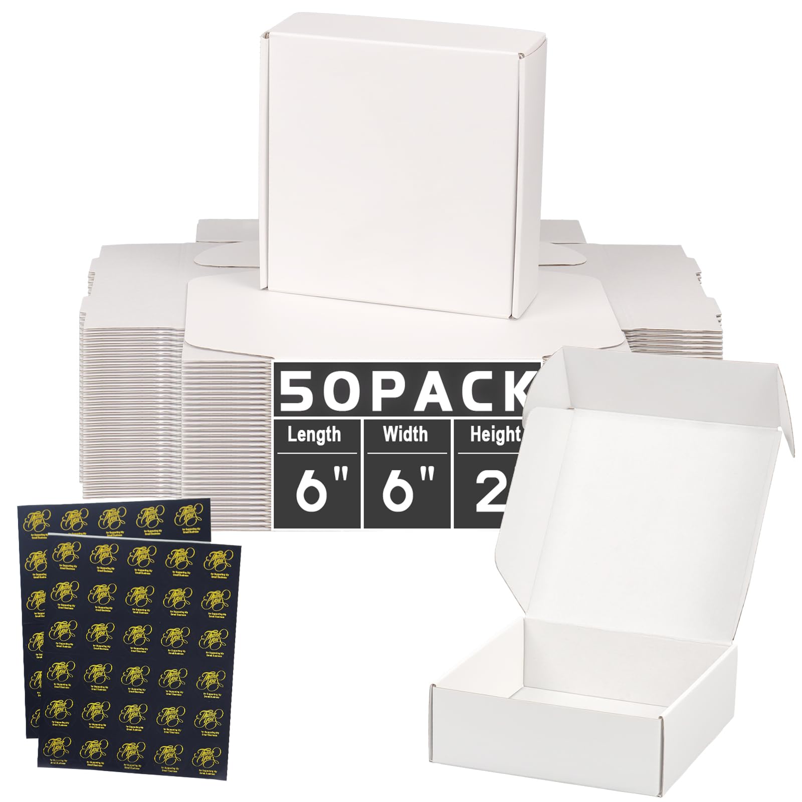 Derzifun 50 Pack 6X6X2 Inch Shipping Boxes, White Shipping Boxes For Packaging Small Business, Medium Corrugated Cardboard Maile