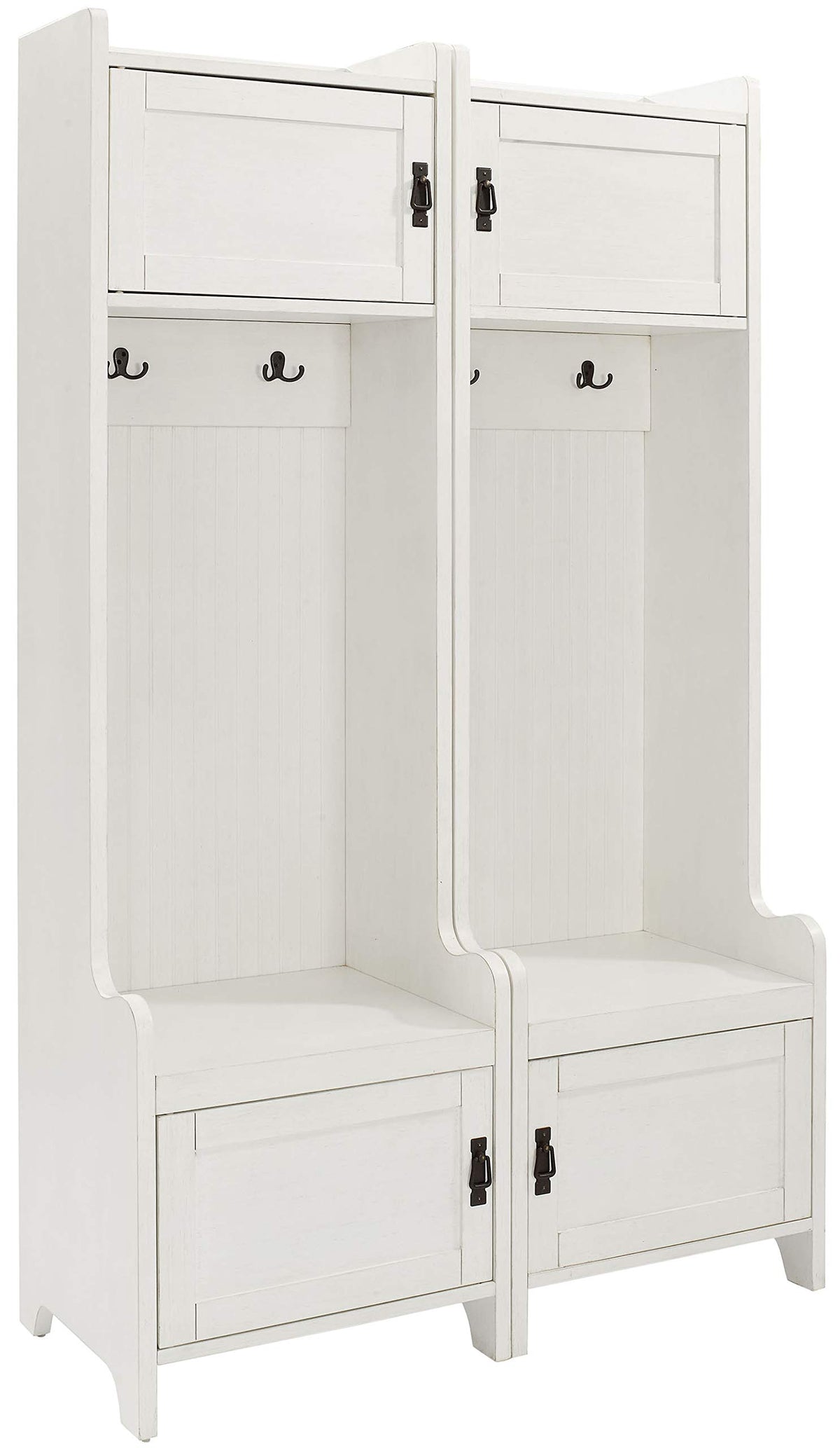 Crosley Furniture Fremont 2-Piece Hall Tree Entryway Set with Storage Cabinets and Coat Rack Hooks, Distressed White