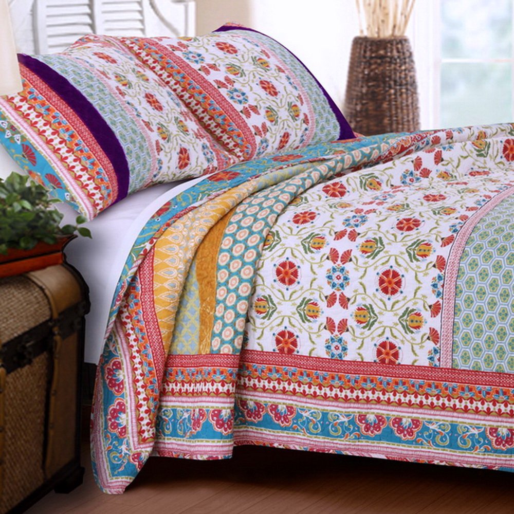 Quilt Set 100 Cotton 3 Piece with Shams Full/Queen Reversible Retro Bohemian Style Printed with Flowers Mandala Medallion Geomet