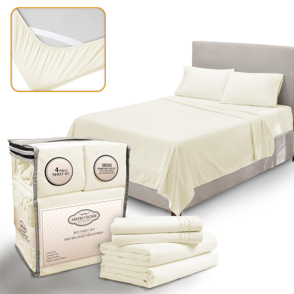 Abeero Home Full Size Bed Sheets Cooling - Luxury Hotel Sheet Set - Soft Sheets with Elastic Corner Straps - Deep Pocket Microfi