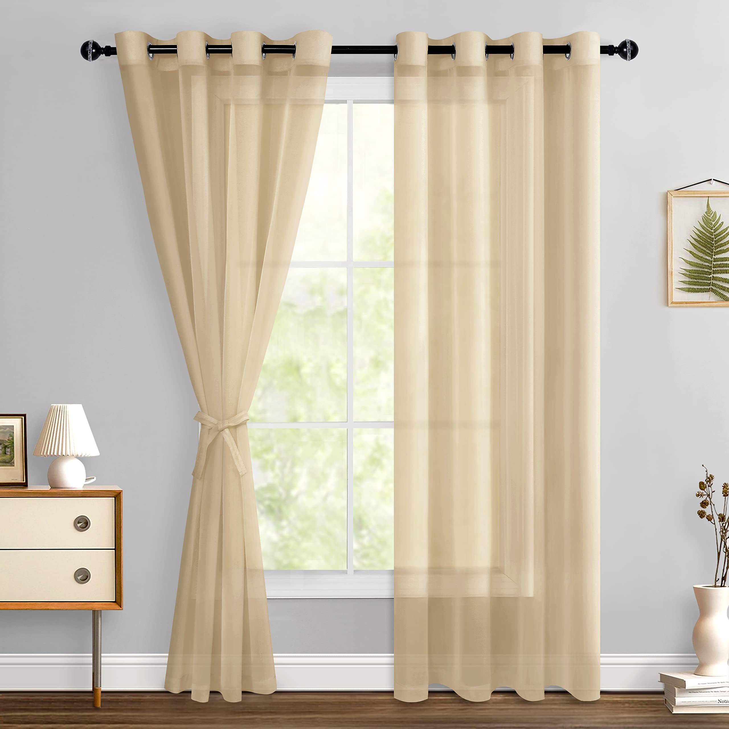 Hiasan Sheer Curtains 84 Inches Long With Tiebacks, Light Filtering Voile Textured Drape Lightweight Grommet Window Curtains For Bedroom, Living Room, Office, Taupe, W52 X L84, Set Of 2 Soft Panels