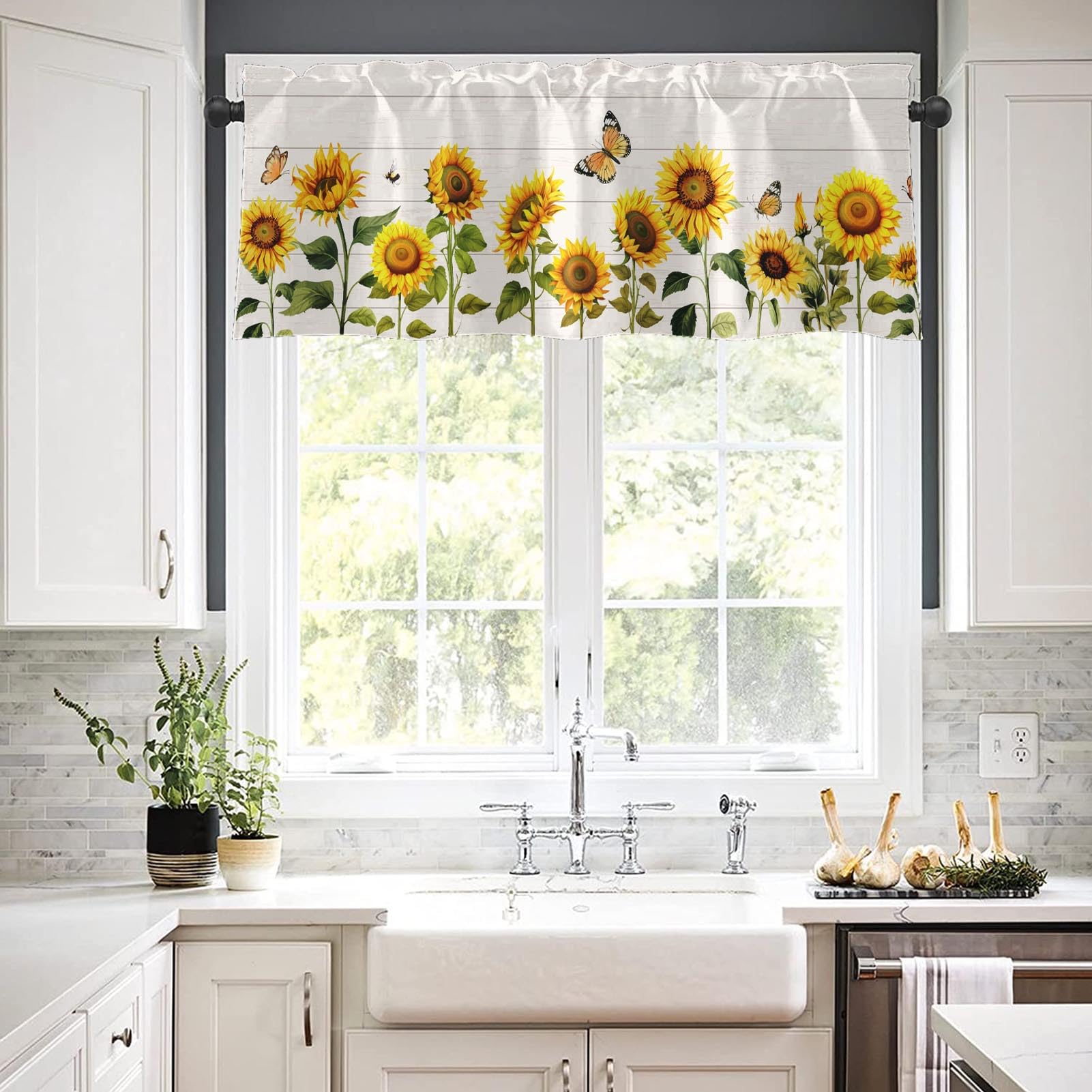 Emvency 2 Pack Valances Window Treatments Farmhouse Sunflower Spring Summer Butterfly Blackout Drapes Adjustable Curtain Valance