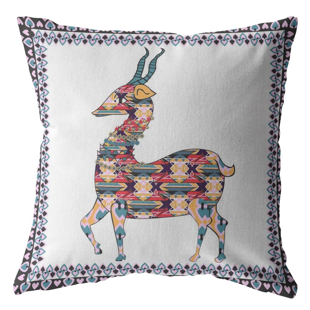 HomeRoots Red and Blue On White 18' Blue White Boho Deer Suede Throw Pillow