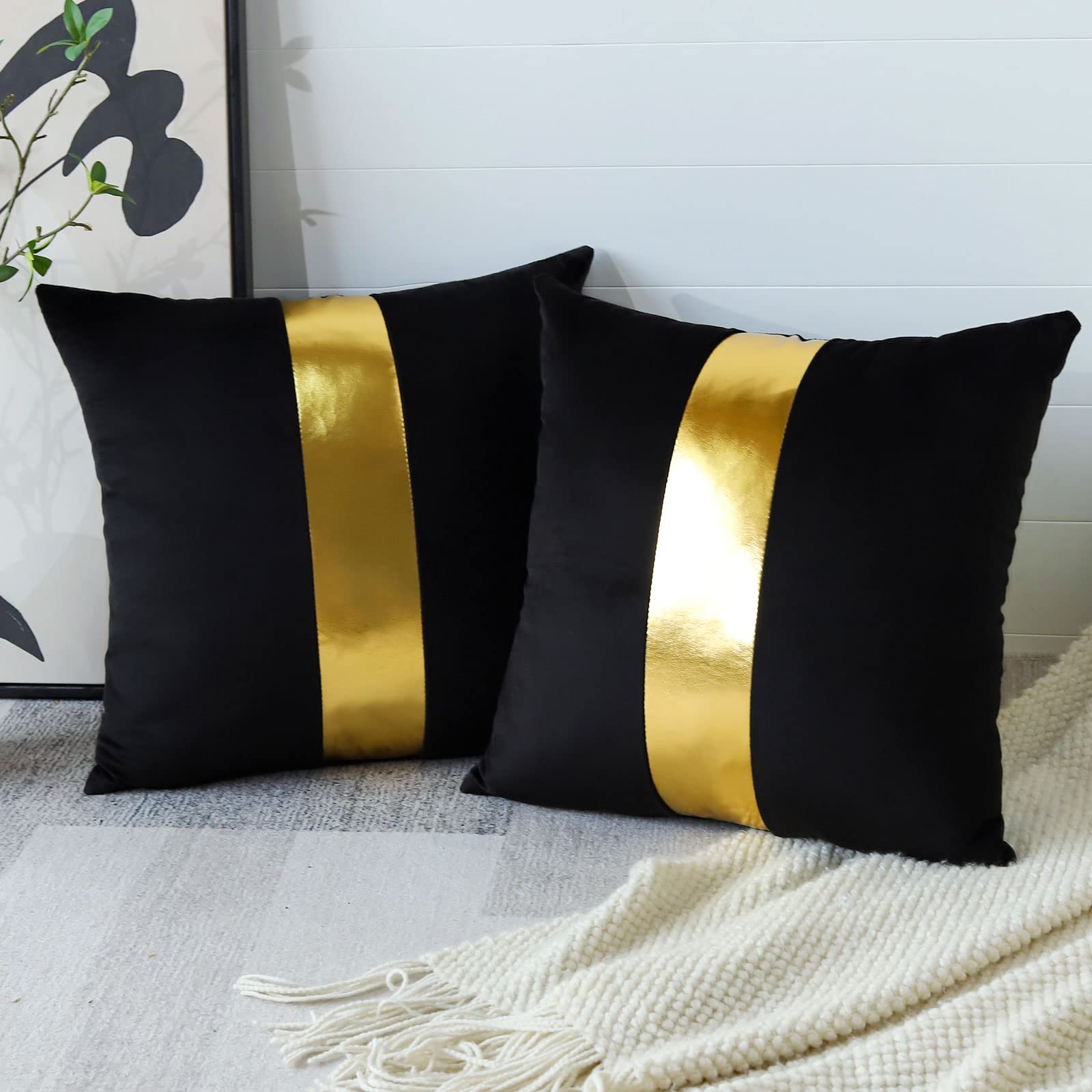 Artscope Black Velvet Throw Pillow Covers With Gold Leather Stitching Luxury Modern Minimalist Square Pillowcase Cushion Covers