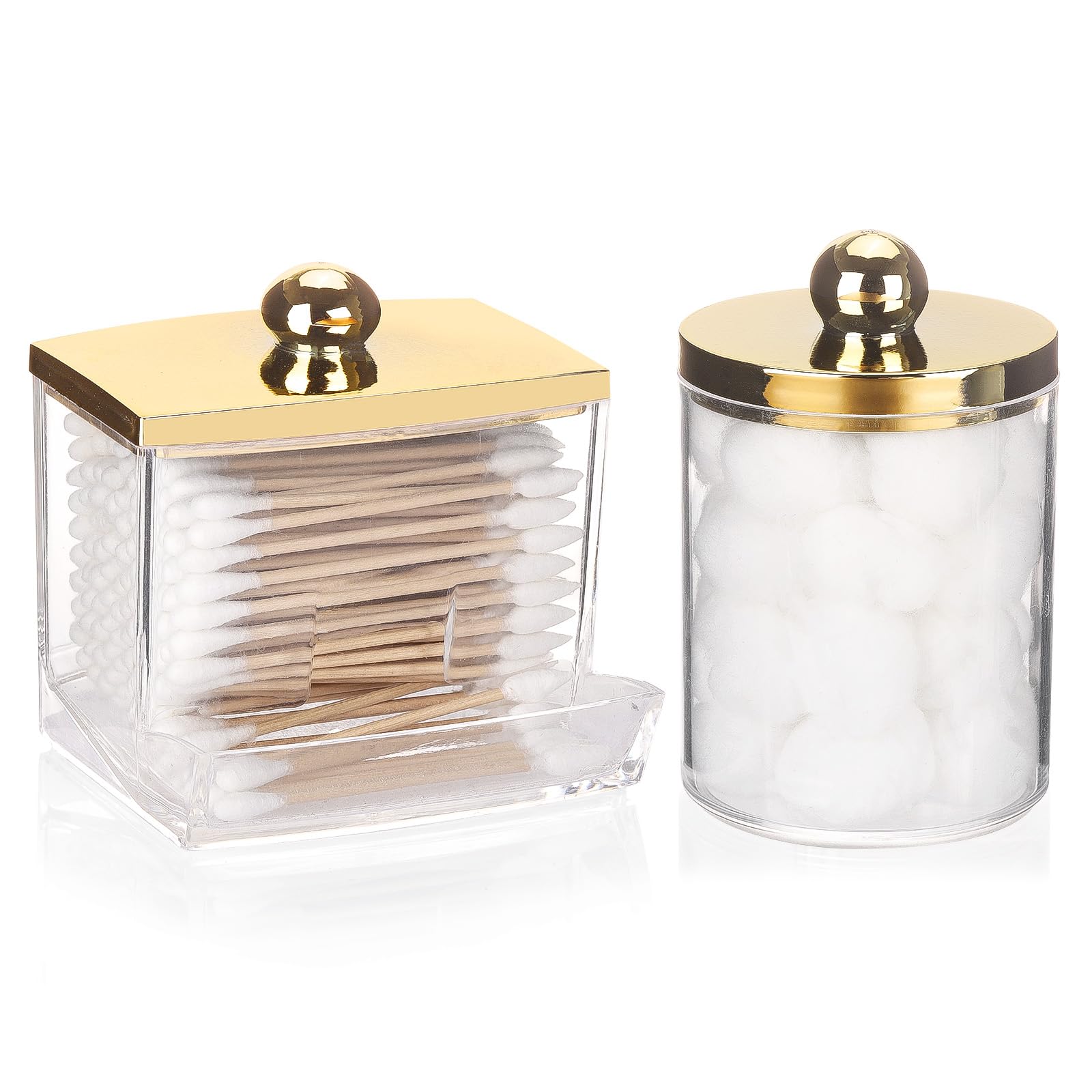 Tbestmax 2 Pack Qtips Dispenser - Bathroom Organizers and Storage Containers, Plastic Apothecary Jars with Gold Lids for Cotton 