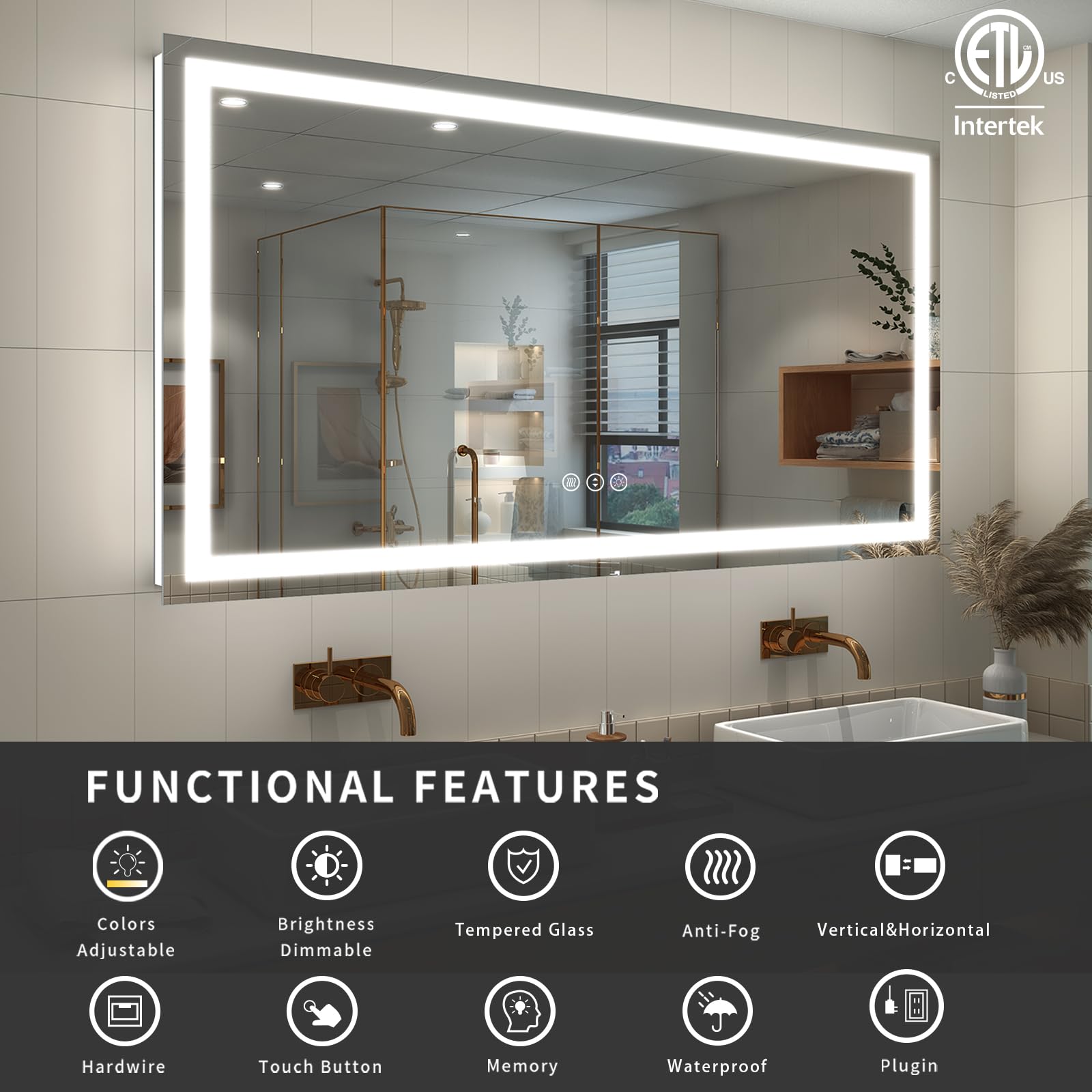 Oddsan 50X 40 Led Lighted Bathroom Mirror For Wall, Large Vanity Mirror With Lights, Dimmable, Anti-Fog, Shatter-Proof, Etl List