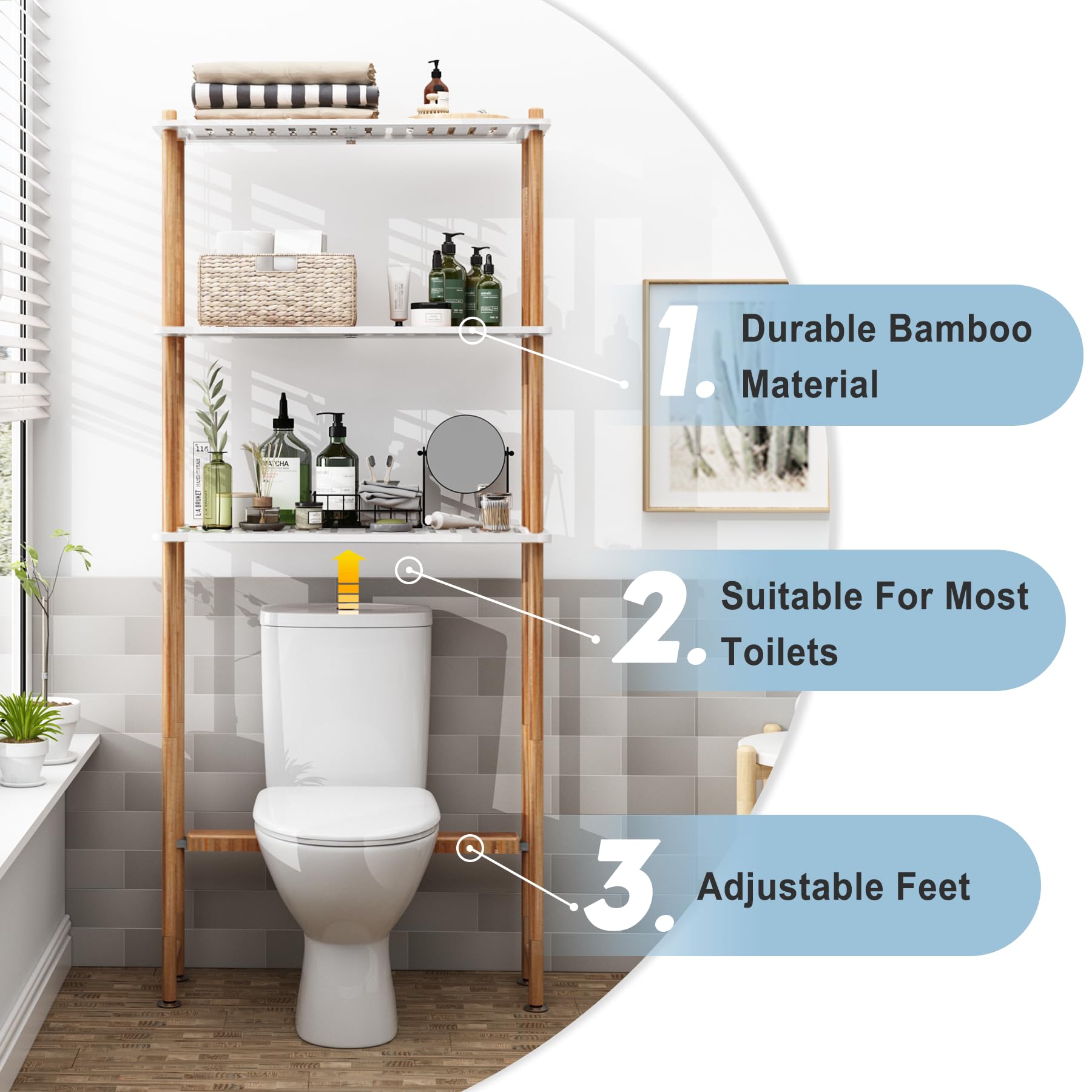 Amazerbath Bamboo Over The Toilet Storage Shelf, Bathroom Storage Organizer Rack, 3-Tier Bathroom Shelves Space Saver, White And Natural Color