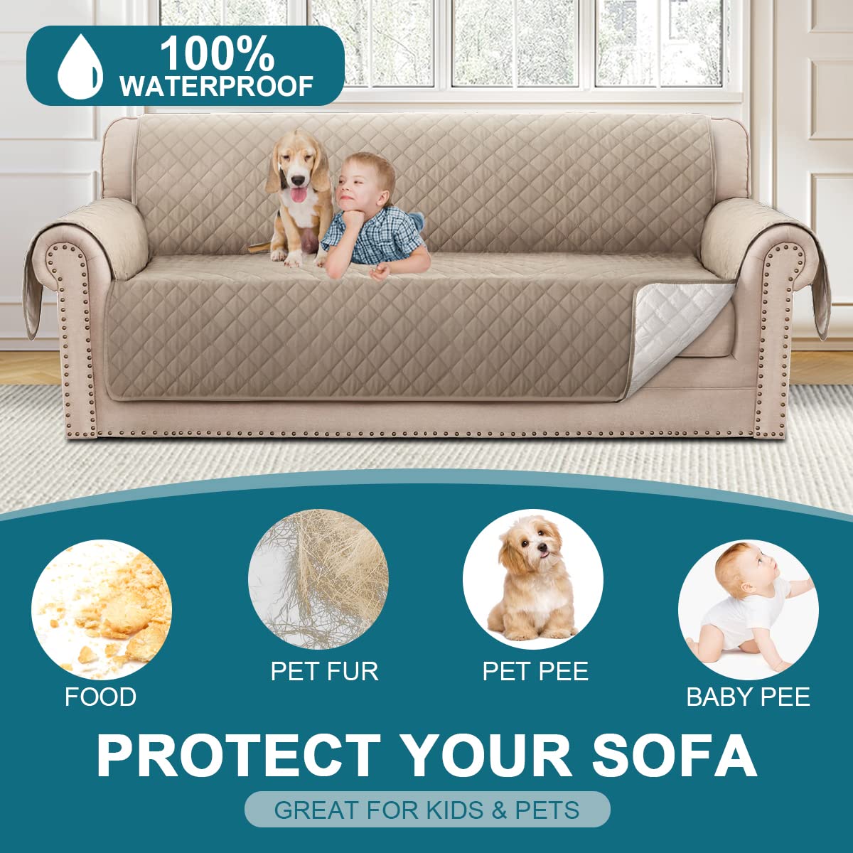 Turquoize 100% Waterproof Couch Covers For 3 Cushion Couch Sofa Pet Friendly Couch Cover For Dogs Washable Sofa Cover Couch Prot