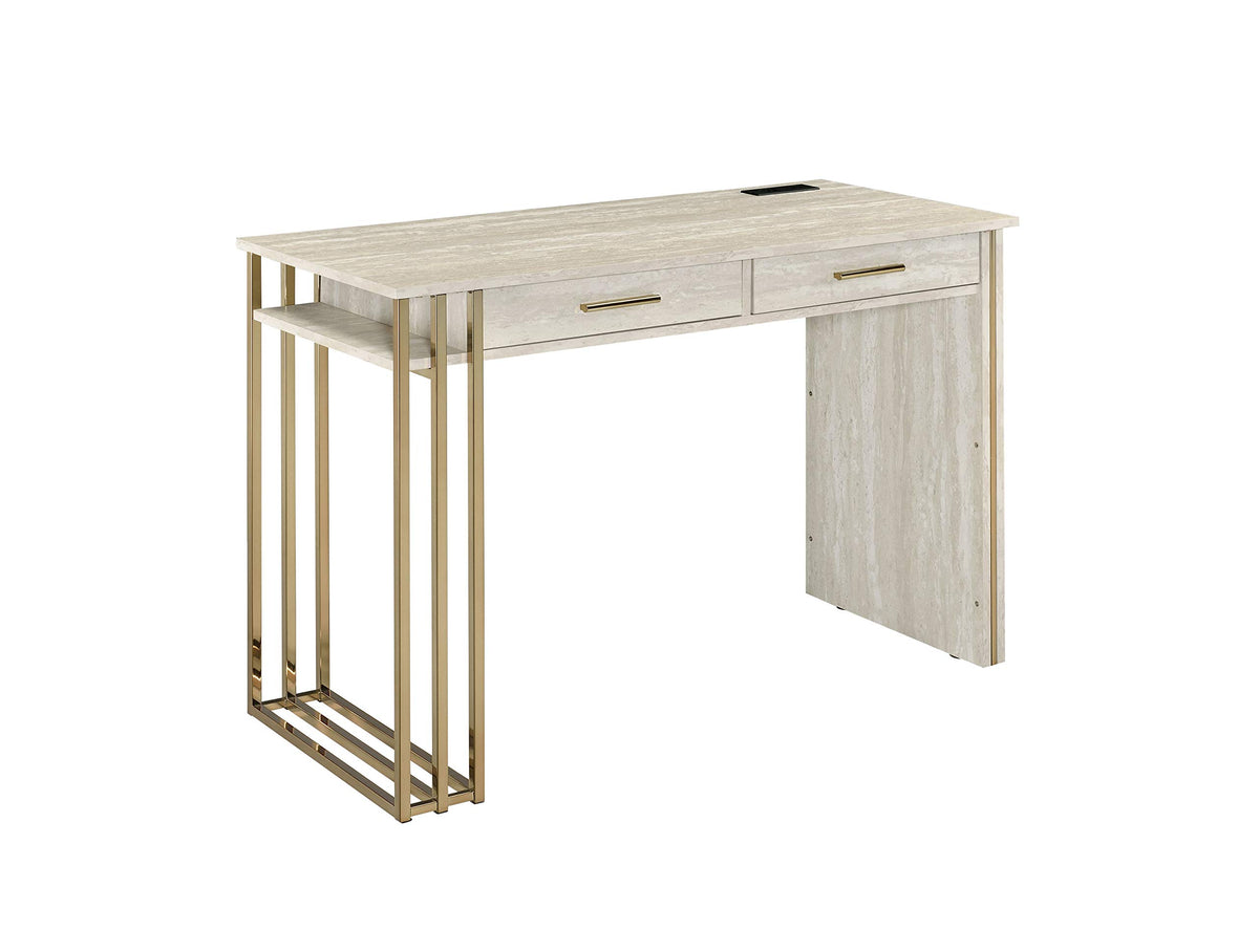 Acme Tyeid Wooden Writing Desk with USB Port in Antique White and Gold