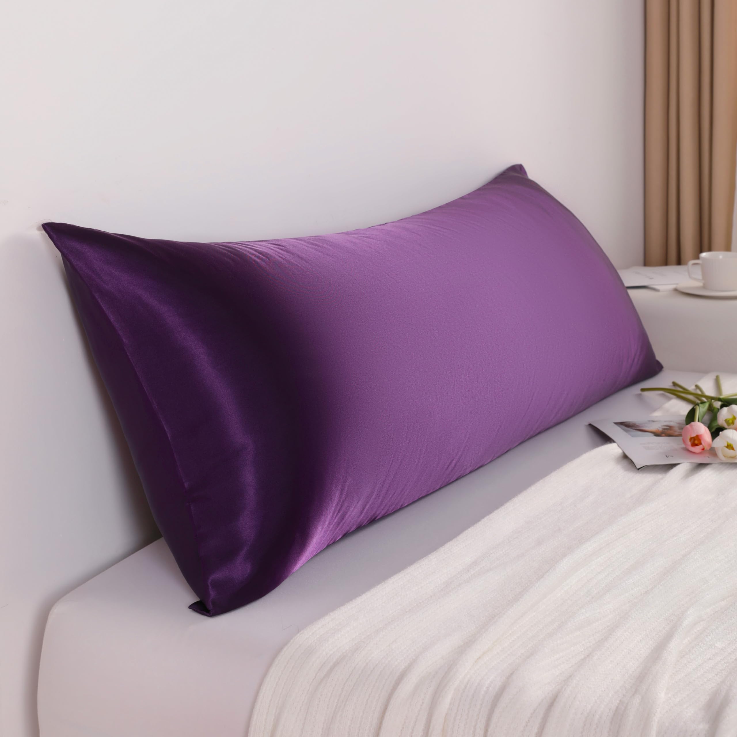 Ntbay Satin Body Pillowcase For Hair And Skin, Luxurious And Silky Pillow Case With Envelope Closure, 20X54 Inches, Eggplant Purple