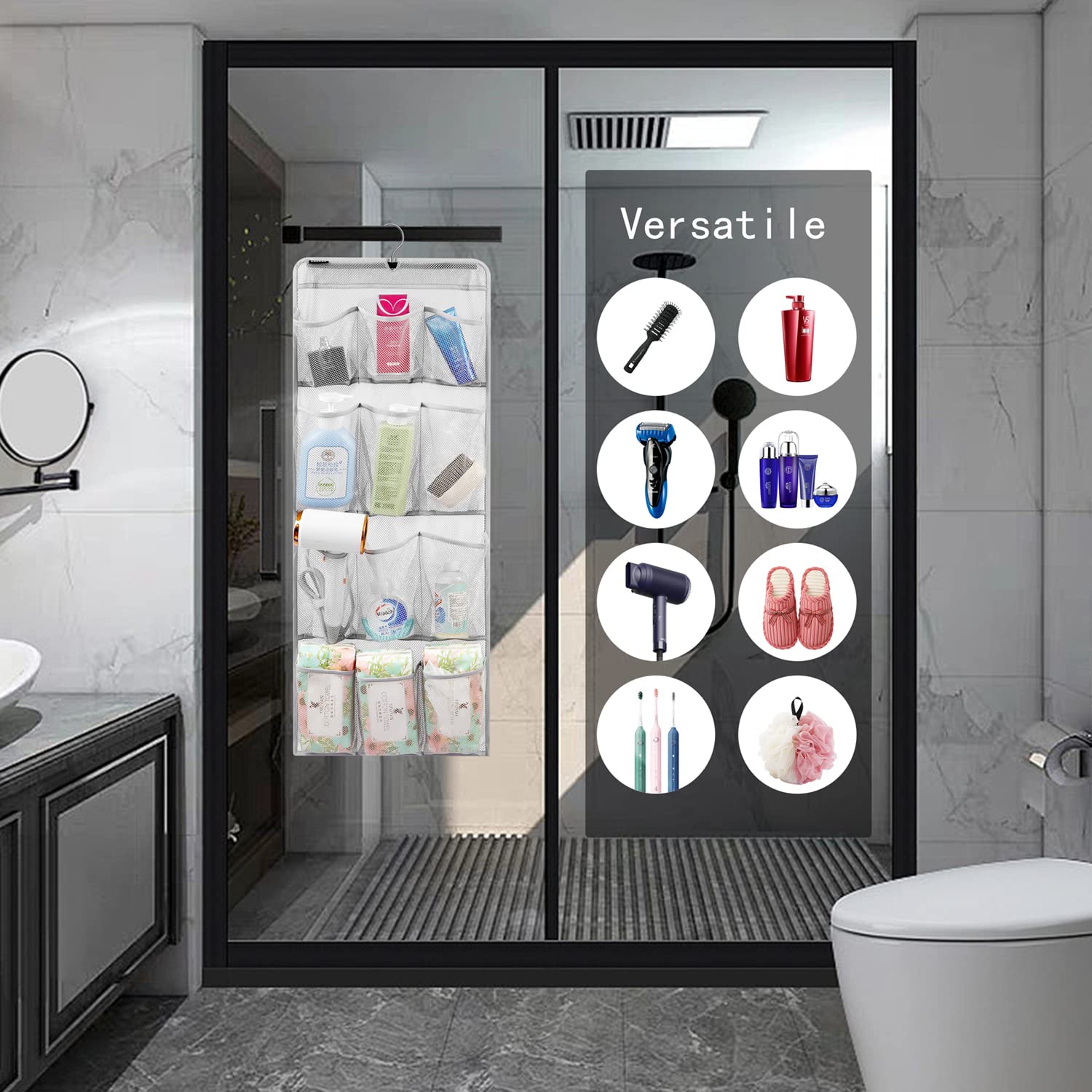 Anzorg Mesh Shower Organizer Hanging Caddy Quick Dry Bathroom Storage For Toiletry Accessories With Rotating Hanger (12 Pockets)