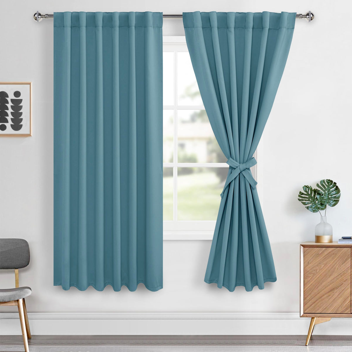 Hiasan Back Tab Blackout Curtains 2 Panels, Rod Pocket Stone Blue Curtains For Bedroom, Room Darkening Curtains For Living Room,