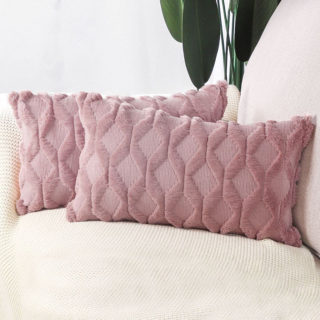 Madizz Set Of 2 Soft Plush Short Wool Velvet Decorative Throw Pillow Covers 12X20 Inch Pink Rectangular Luxury Style Cushion Cas