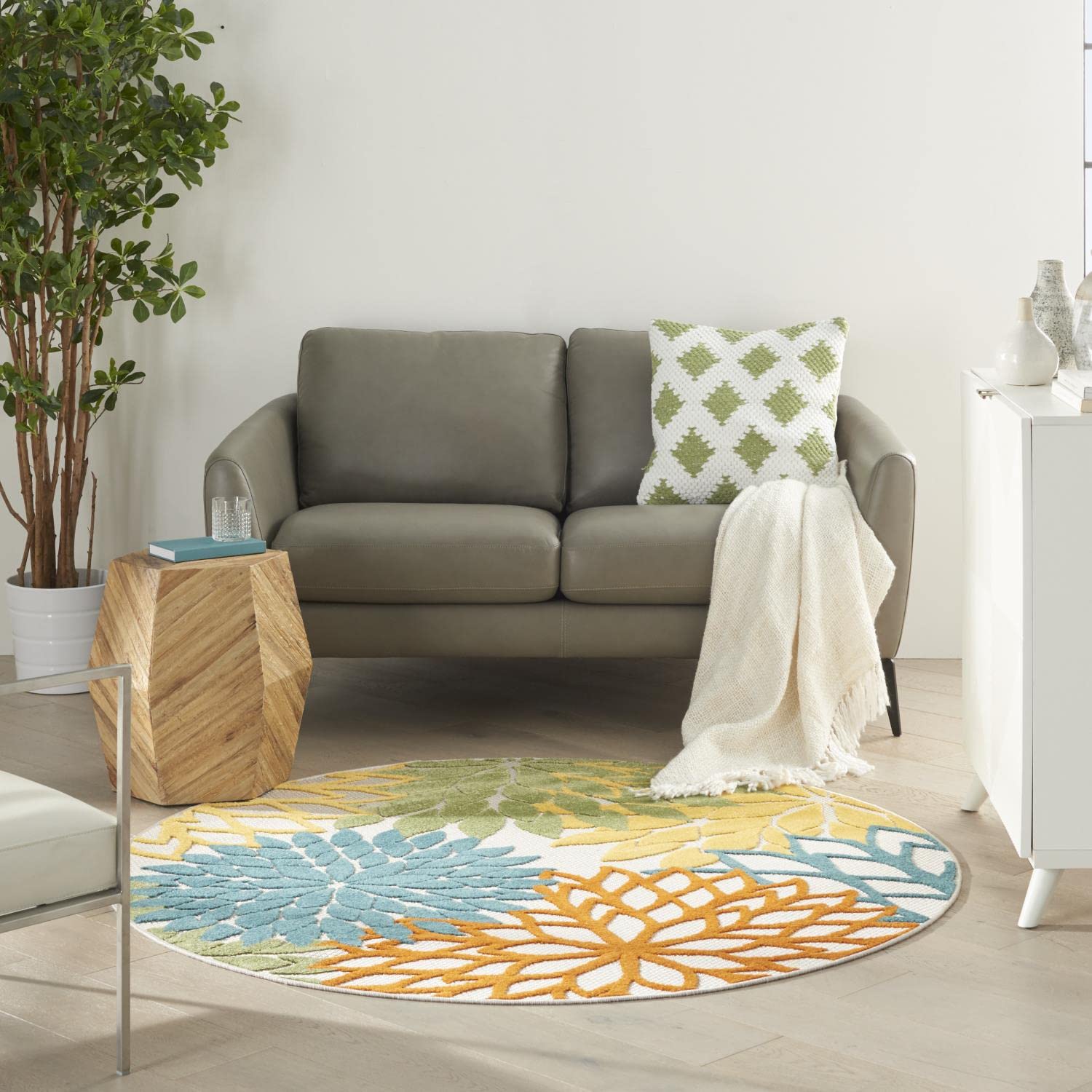 Nourison Aloha Indoor/Outdoor Floral Turquoise Multicolor 5'3' X Round Area Rug, (5' Round)