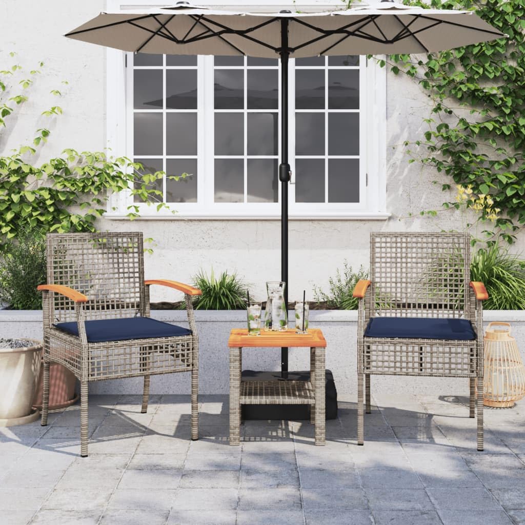 vidaXL Patio Bistro Set - 3piece Outdoor Furniture - Gray Poly Rattan & Acacia Wood Chairs with Cushions - Ideal for Garden, Backyard, Balcony
