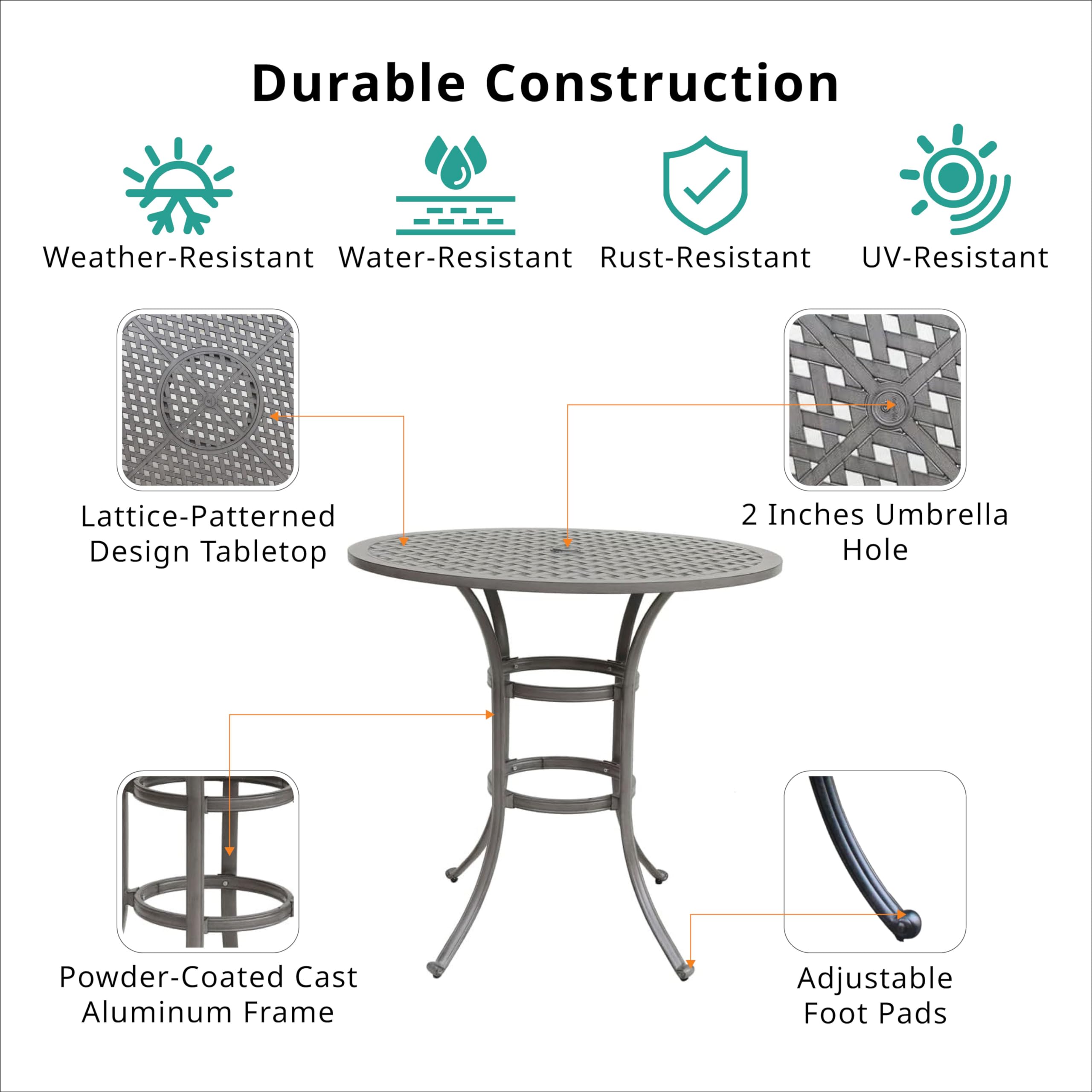 Jane Outdoor 42 Inches Modern Cast Aluminum Round Bar Table: Weather Resistant Outdoor Patio Furniture, Bistro & Bar Height Table with Umbrella Hole (Heritage Grey)