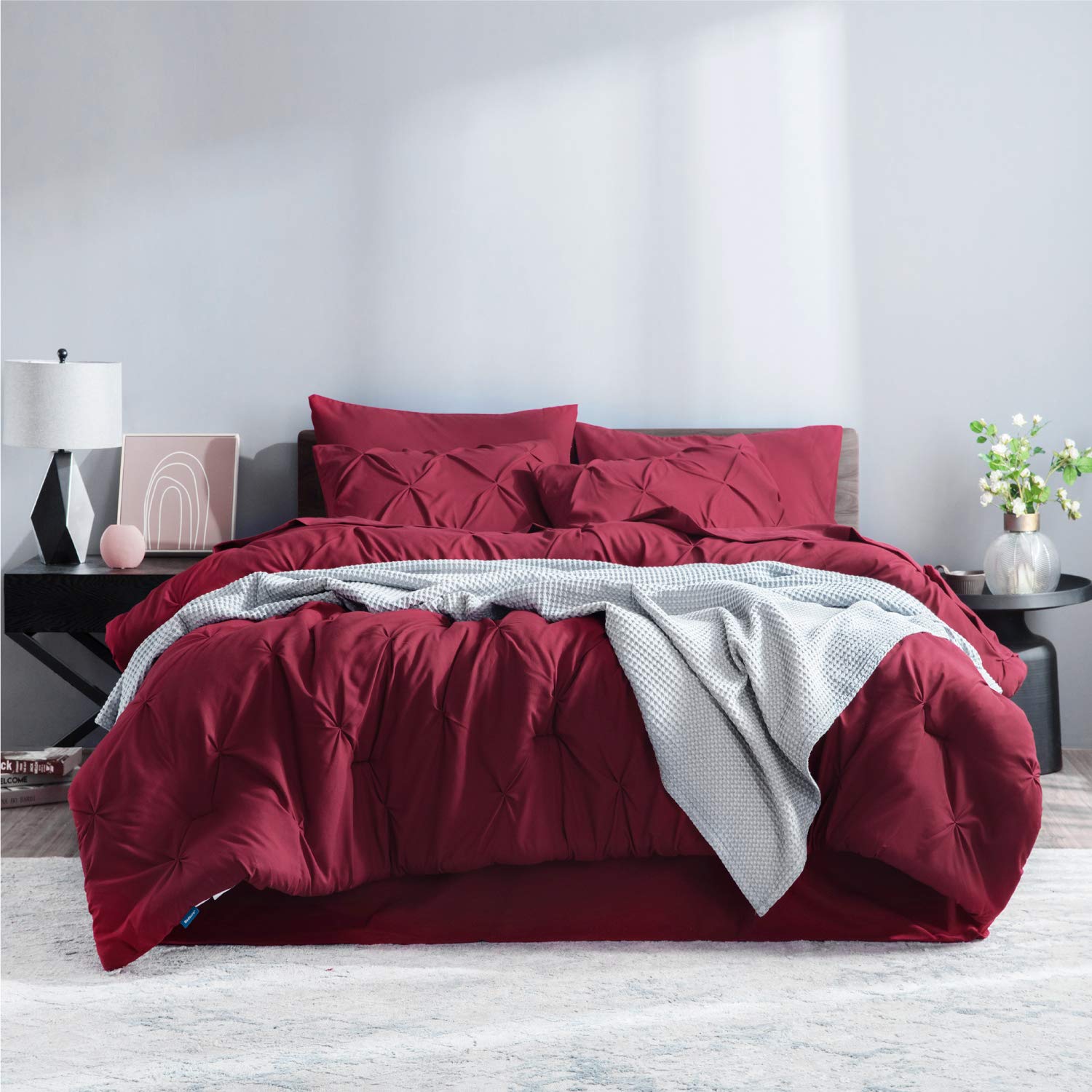 Bedsure California King Comforter Set - Cal King Bed Set 7 Pieces, Pinch Pleat Burgundy Cali King Bedding Set With Comforter, Sh