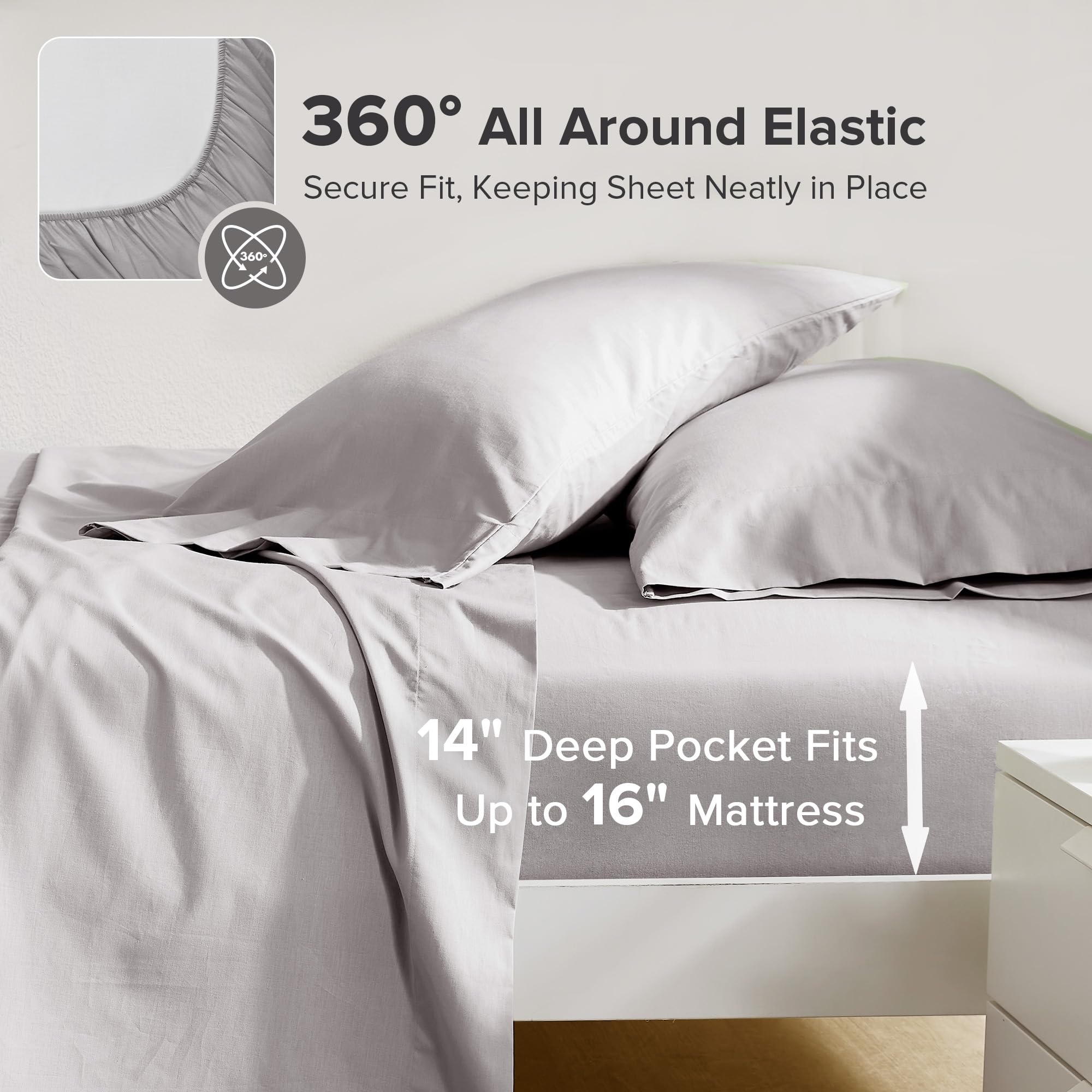 Comfort Spaces 100% Cotton Sheet Set Breathable, Lightweight, Soft With 14' Elastic Pocket Fits Up To 16' Mattress, All Season Cozy Bedding, Matching Pillow Case, Full Grey 4 Piece
