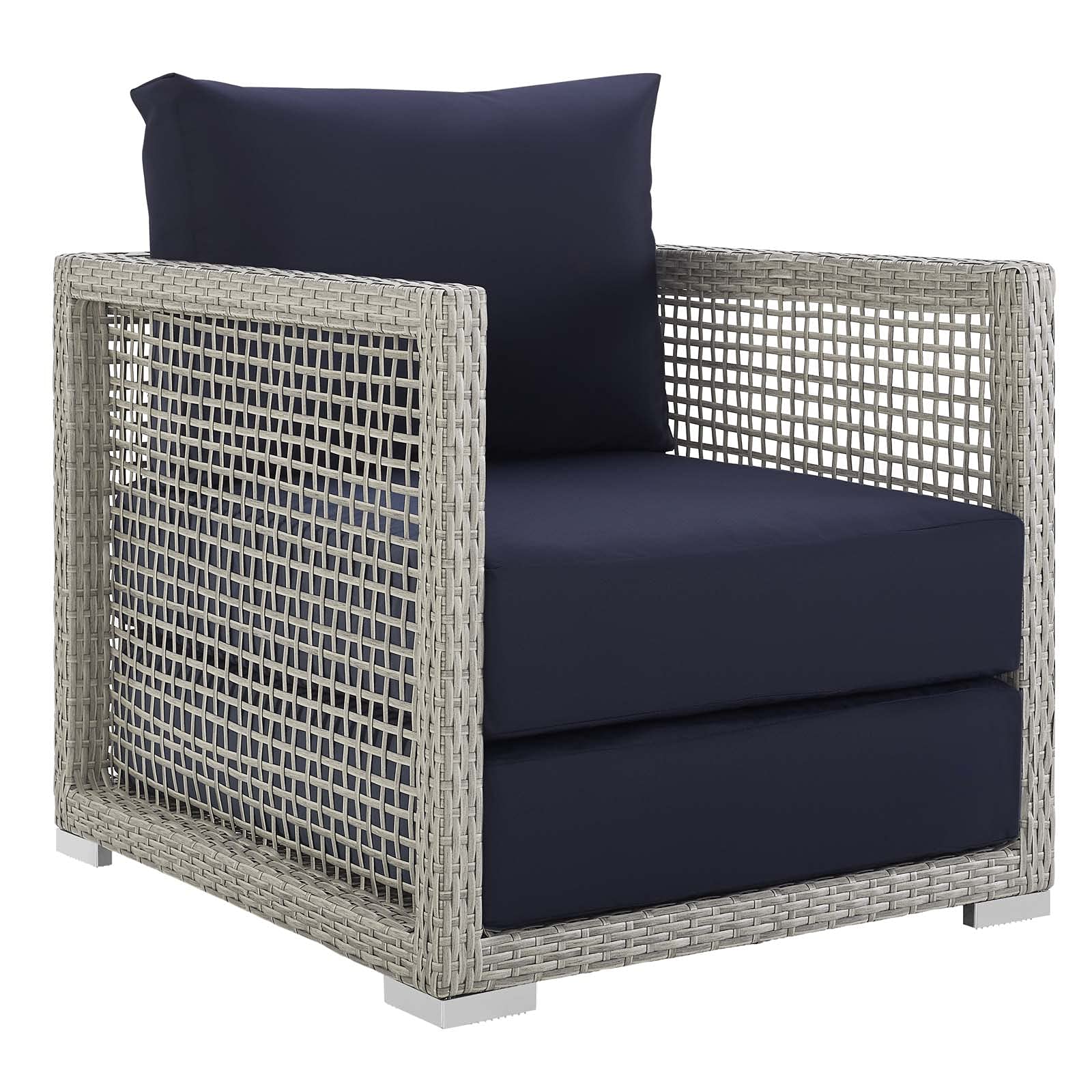 Modway Aura Wicker Rattan Outdoor Patio Arm Chair With Cushions In Gray Navy