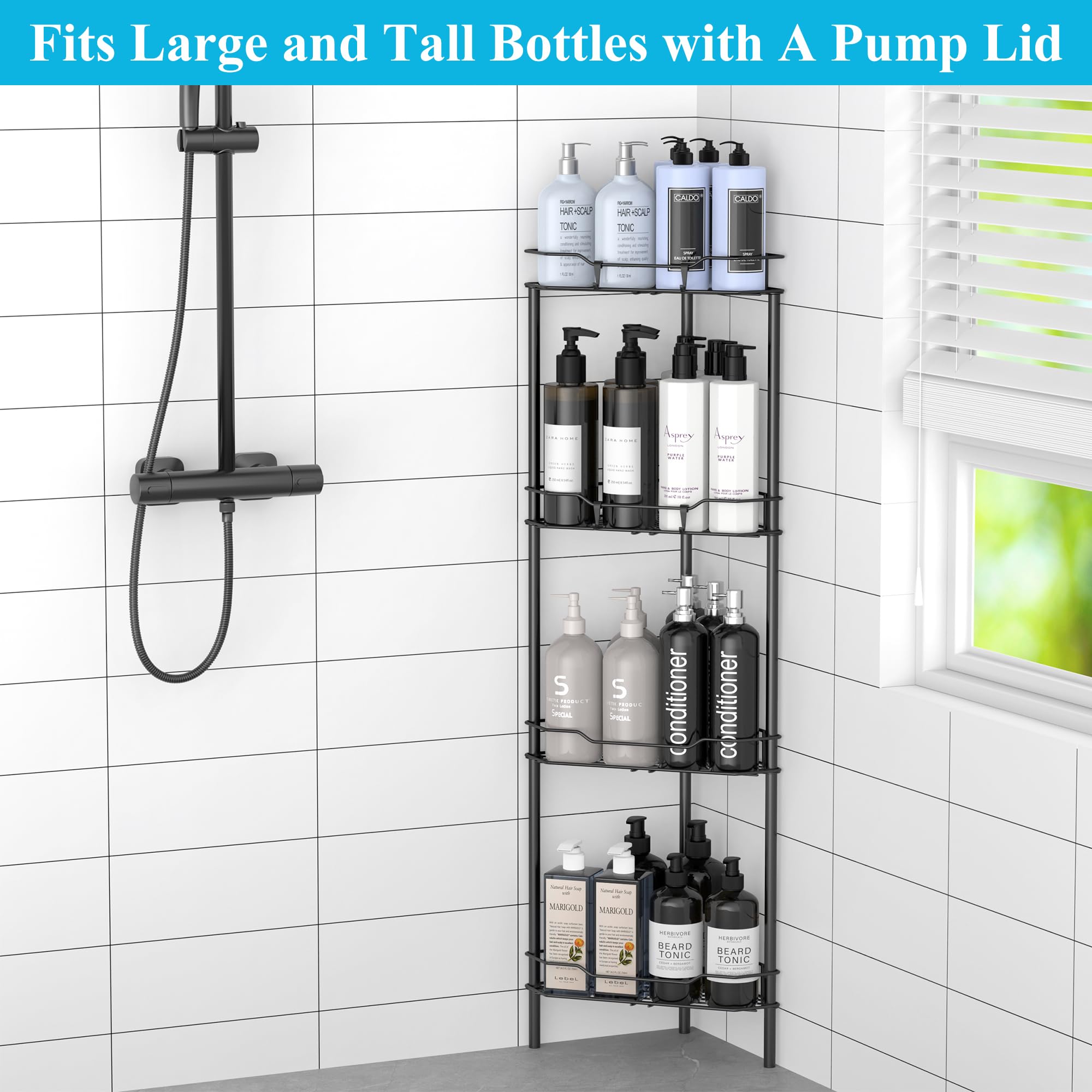 HuggieGems C226 4 Tier Floor Standing Corner Shower Caddy Organizer Shelf with Hooks, Black