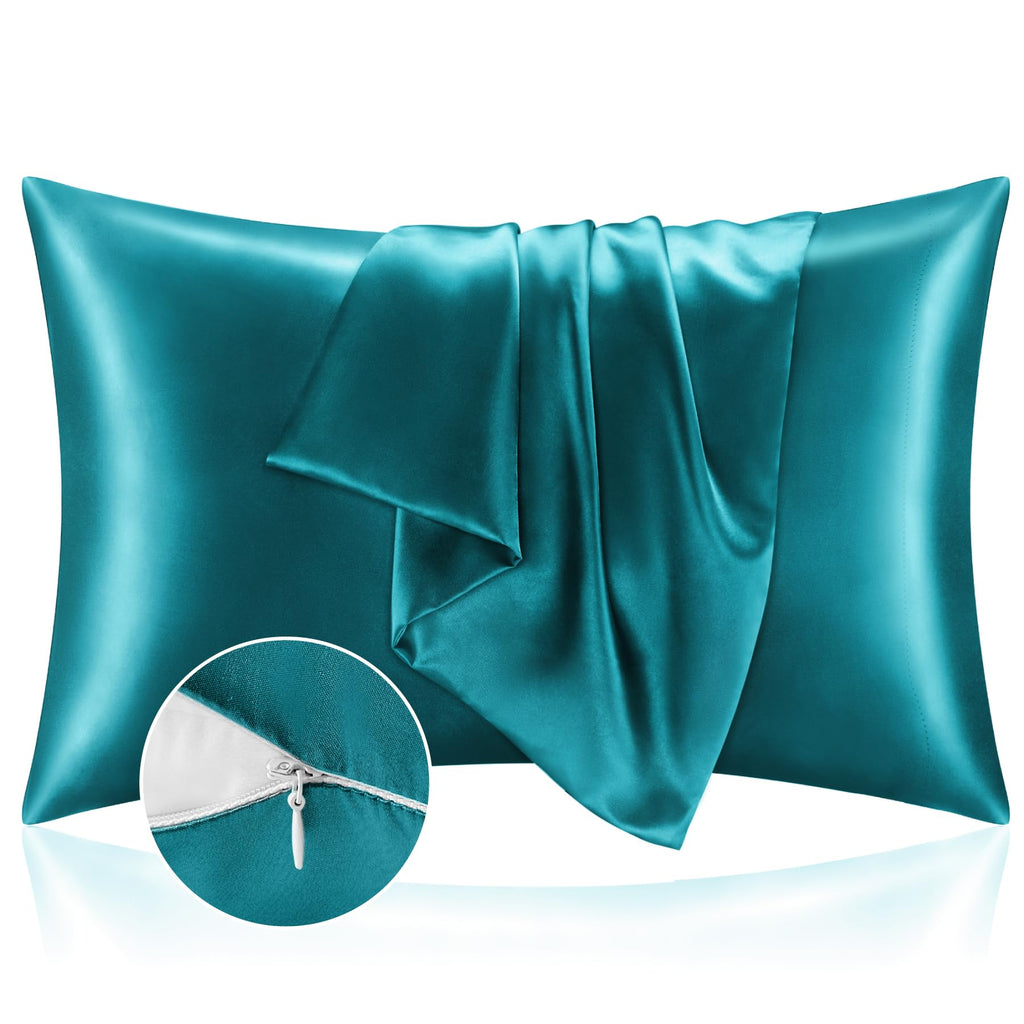Bedelite Satin Pillowcase With Zipper, Teal King Size Pillow Cases Set Of 2, Super Soft And Cooling Similar To Silk Pillow Cases