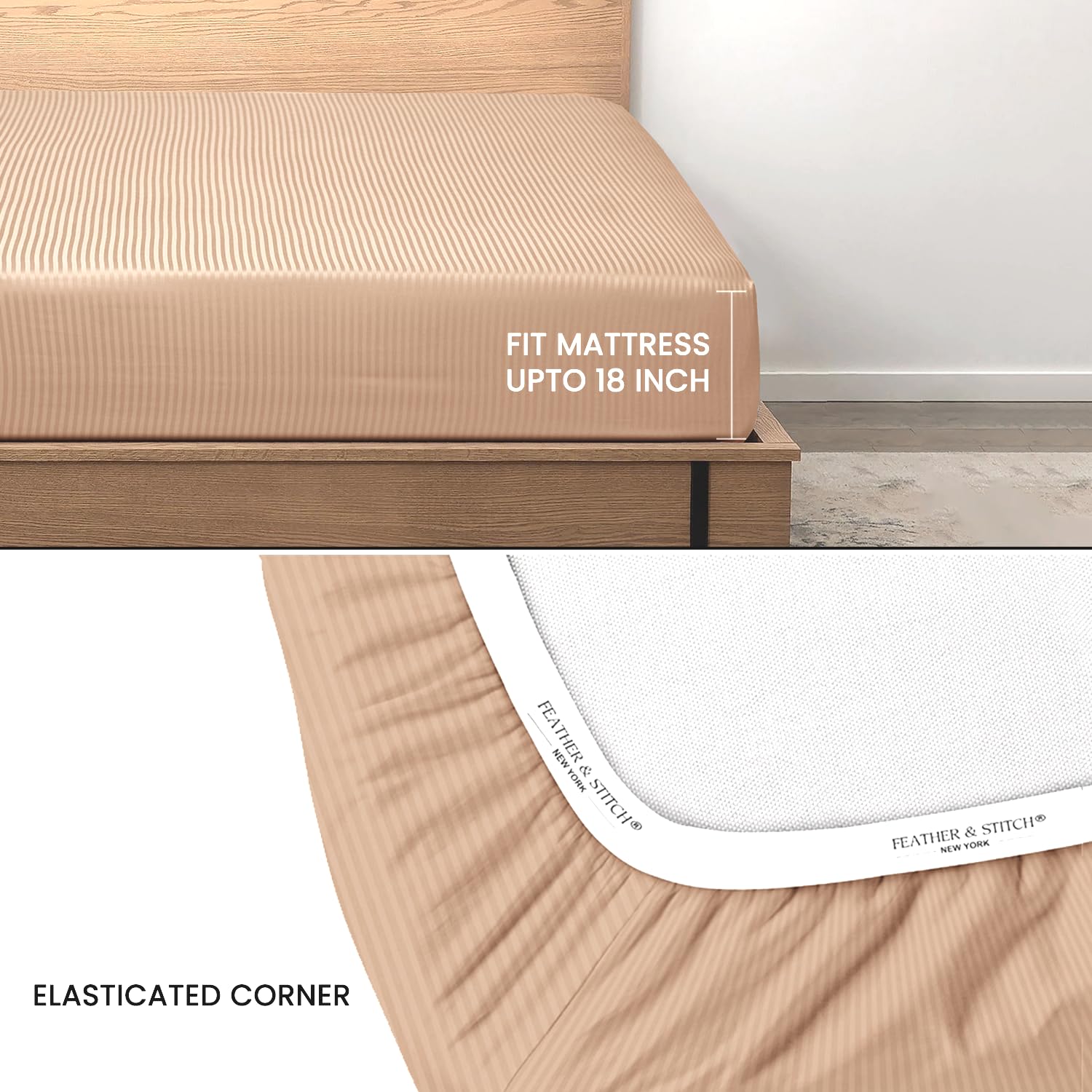Feather & Stitch 1 Pc Fitted Sheet California King Size, 100% Cotton Damask Sateen Weave, Striped Breathable, Stretchable Elastic Sheet For Mattress 18 Inch Deep Pocket, 500Tc Ultra Soft - Maple