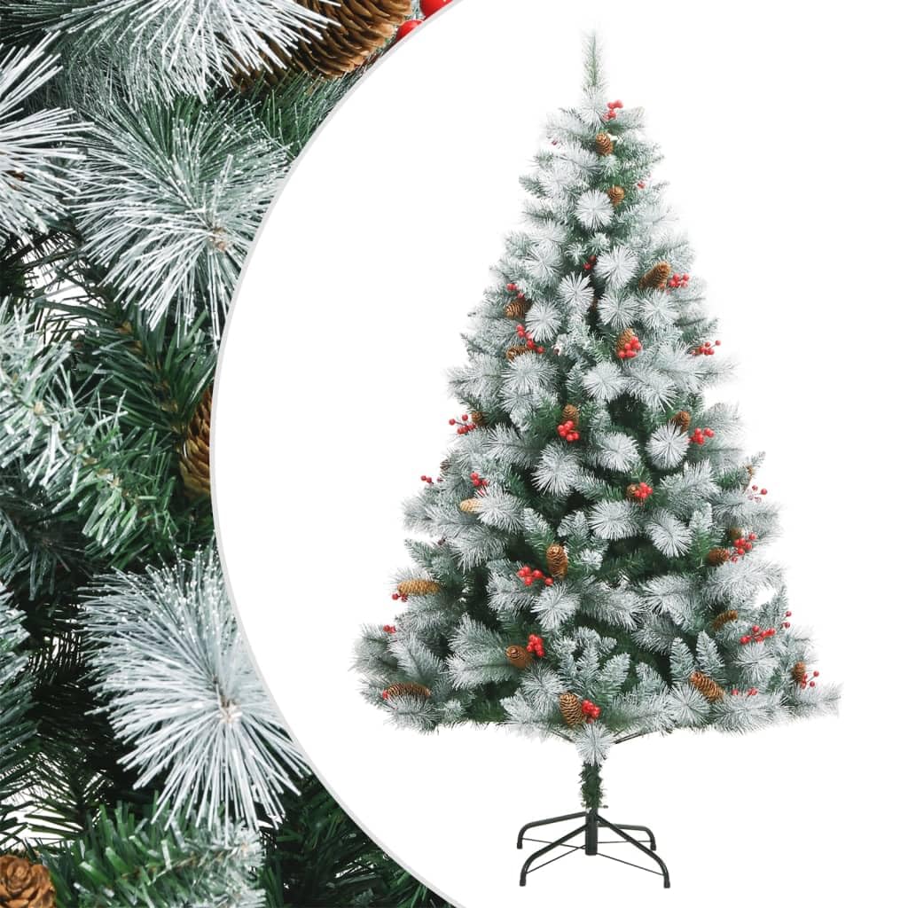 vidaXL 94.5&quot; Artificial Christmas Tree - Green and White Hinged Design with Durable Metal Stand - Decorated with PVC Tips, Pine Cones and Berries - Reusable for Annual Festivities