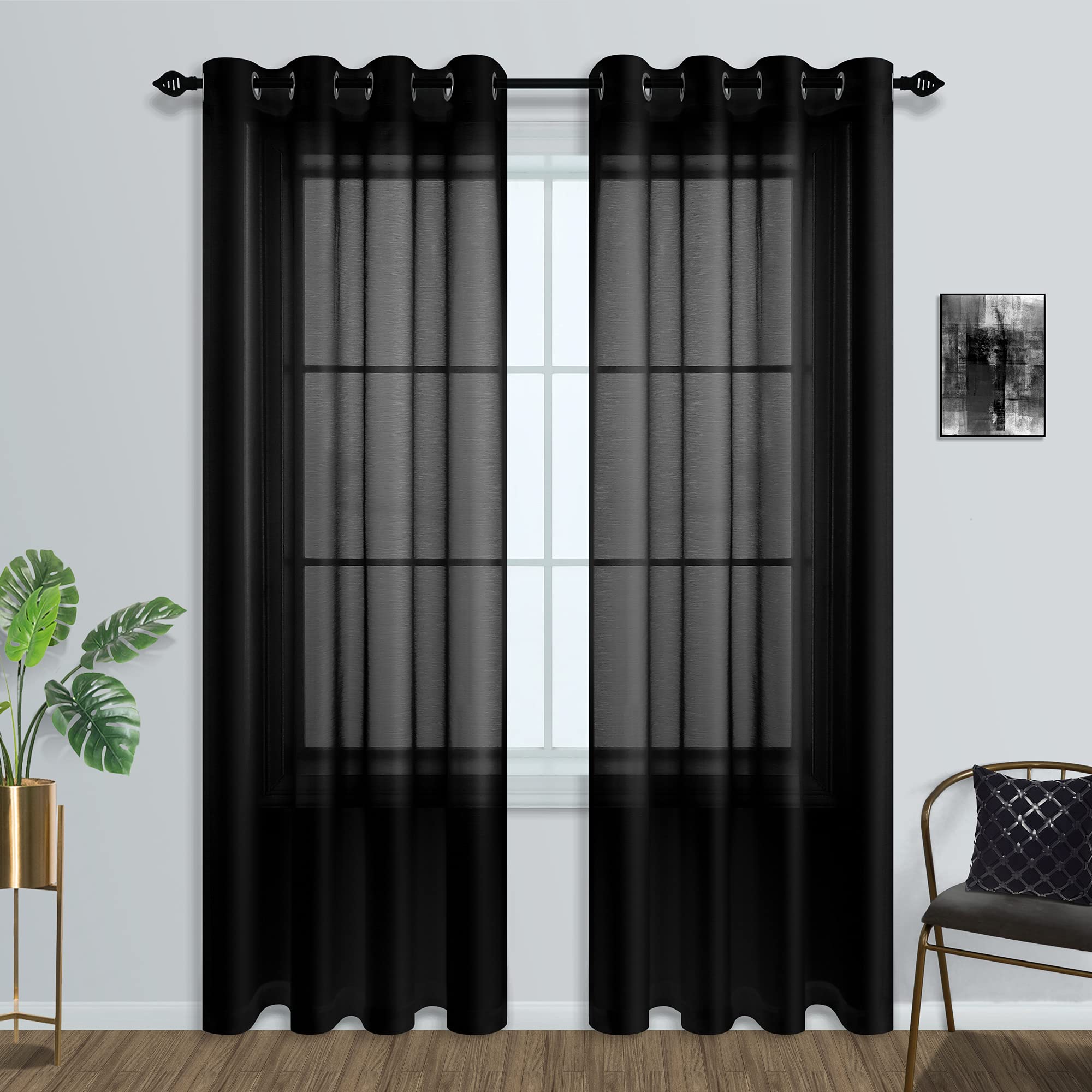 Mrs.Naturall Black Sheer Curtains 84 Inches Long For Living Room Set Of 2 Panels Ring Grommet Window Curtain Panels For Bedroom