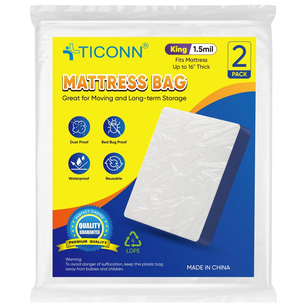Ticonn 2Pk Mattress Bag For Moving Storage, Waterproof Mattress Protector Fits Up To 16' Thick Mattress, Heavy-Duty Mattress Mo