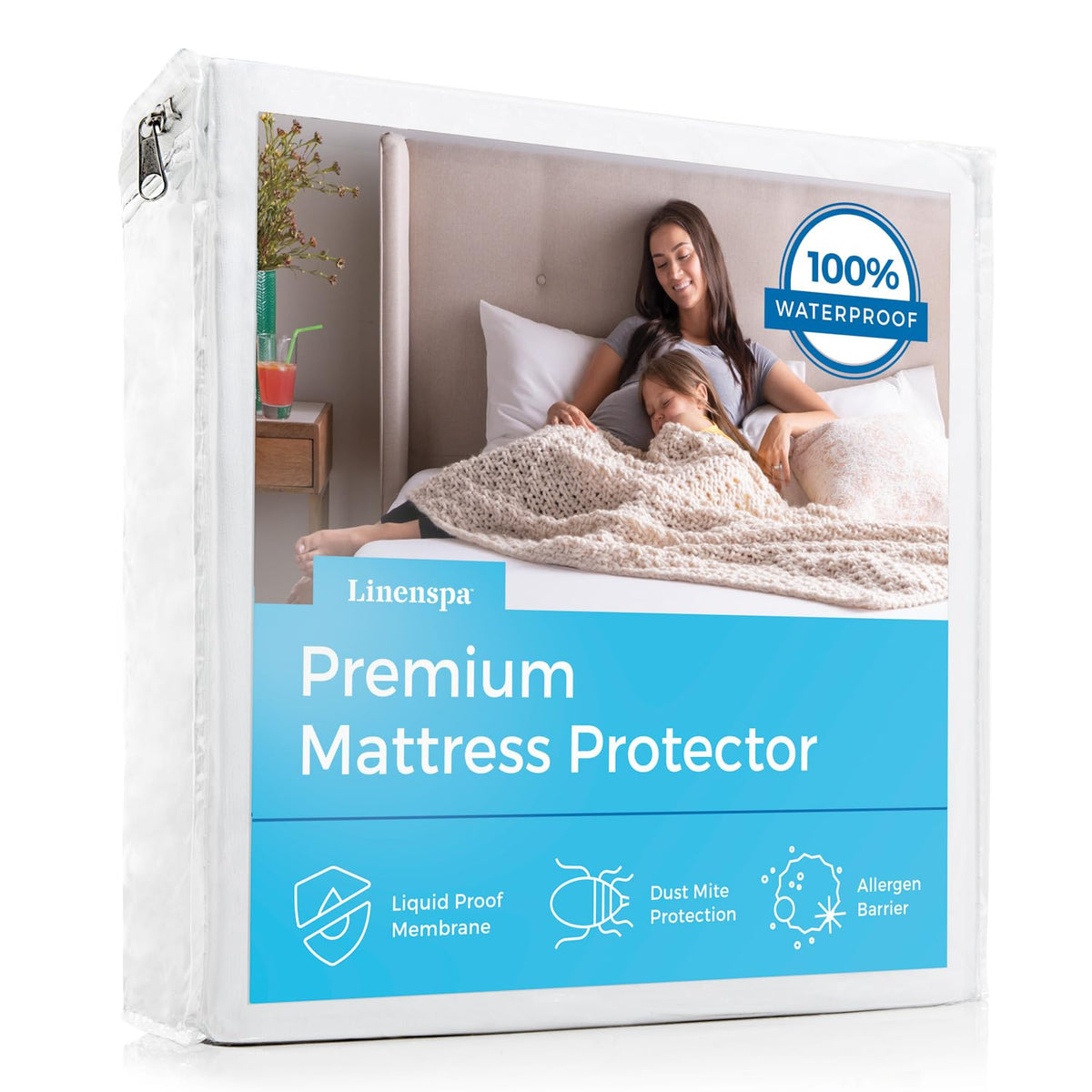 Linenspa Premium Mattress Protector - White - King Size - Breathable Polyester - Fitted Style - Waterproof Design - Machine Wash