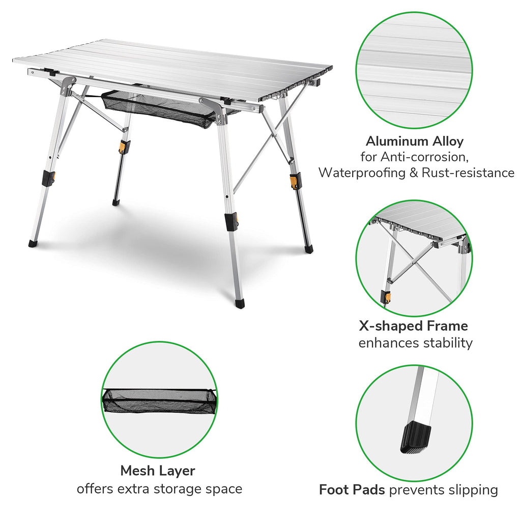 Yescom Portable Aluminum Folding Camping Table With Adjustable Leg Lightweight Roll Up Table For Outdoor Bbq Picnic Backyard Home