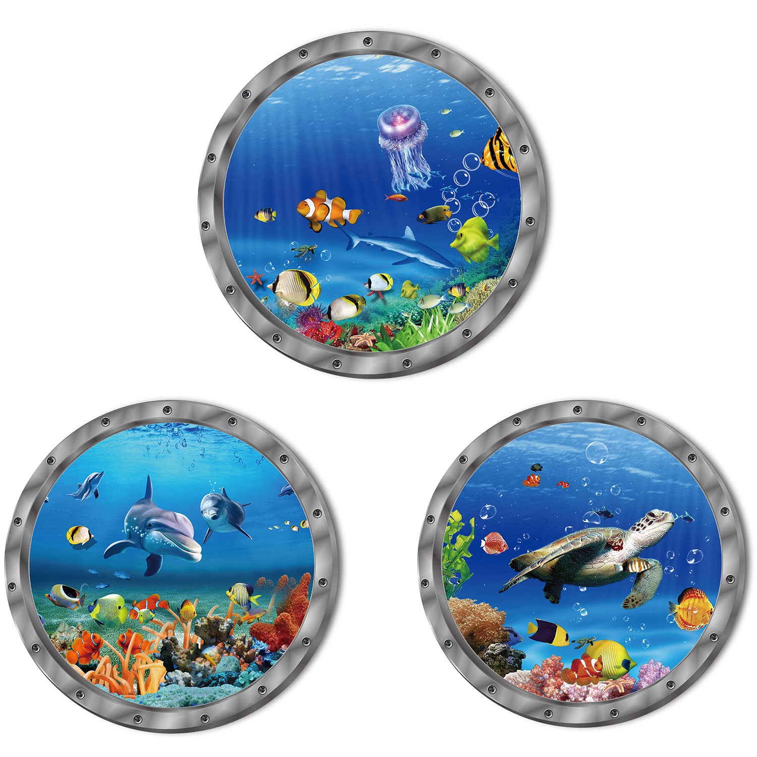 Ocean Animals World Under Sea Decor Includ Sea Turtles Dolphins Fishes 3 Pcs Removable 3D Peel and Stick Vinyl Stickers for Bath