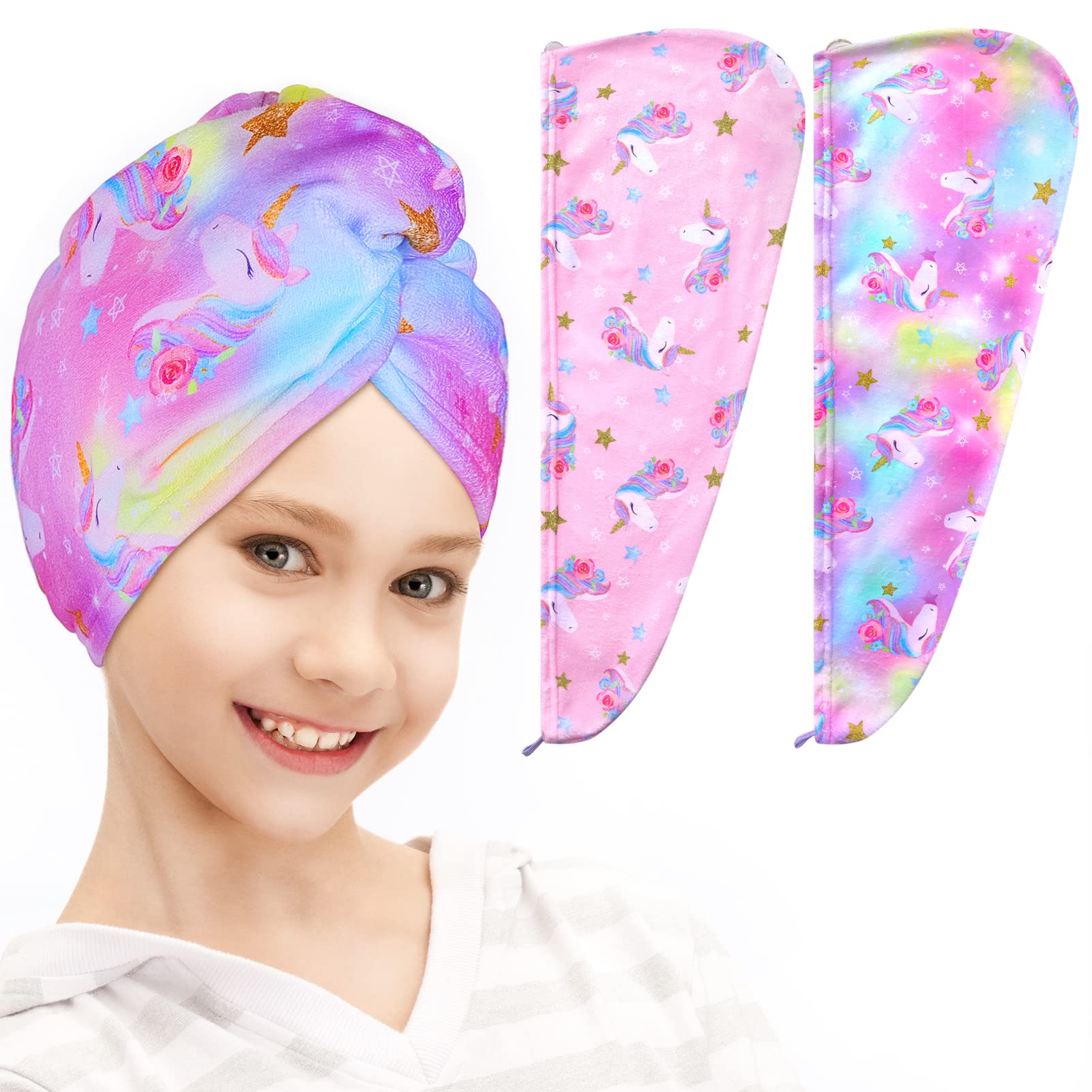FIOBEE Microfiber Hair Towel Wrap for Kid Rapid Drying Towel Absorbent Hair Turbans for Wet Hair with Button Women Girls Long Cu
