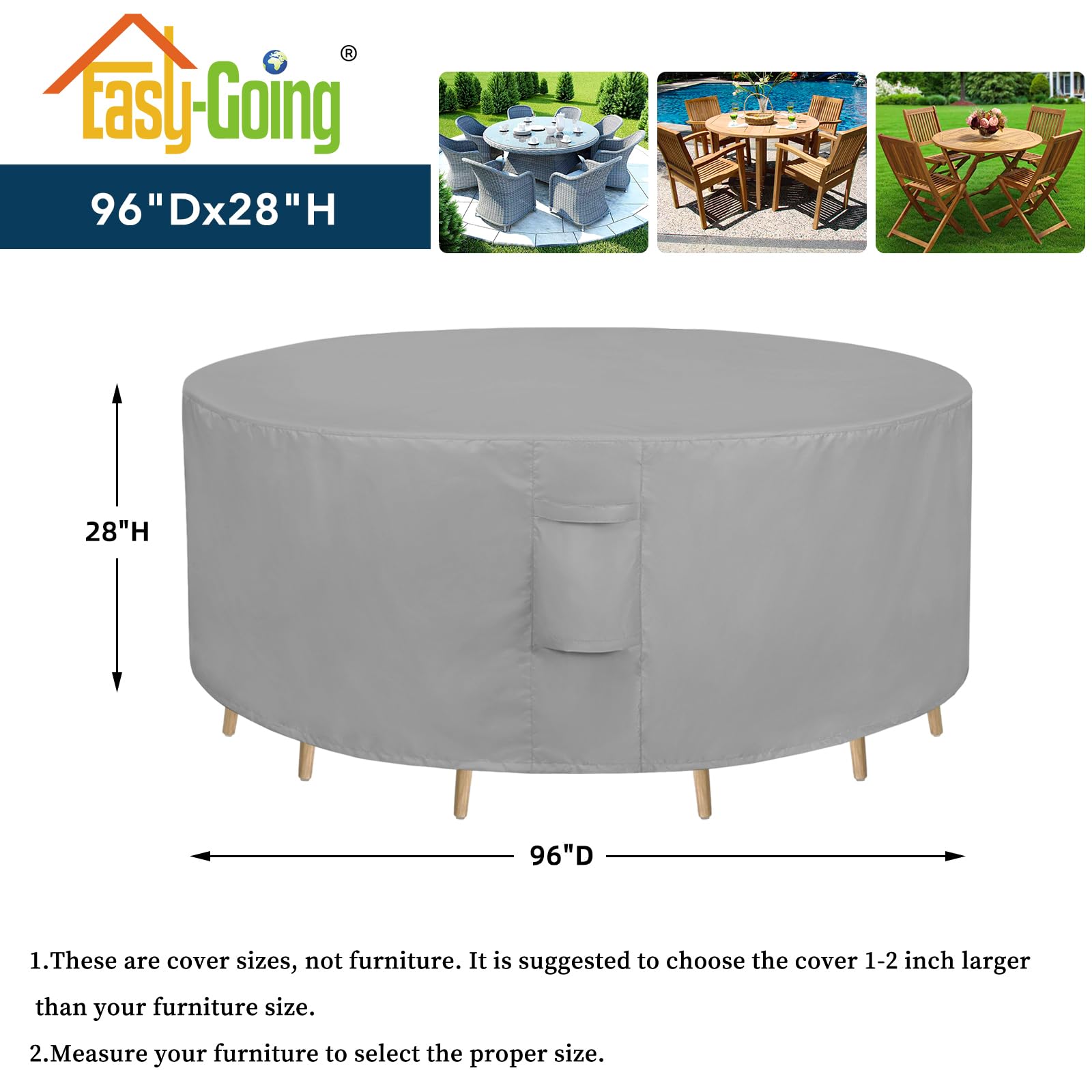 Easy-Going Round Patio Furniture Cover Waterproof Outdoor Dining Table And Chair Cover Anti-Uv Outside Sectional Sofa Set Covers (96'Dia X 28'H, Grey)