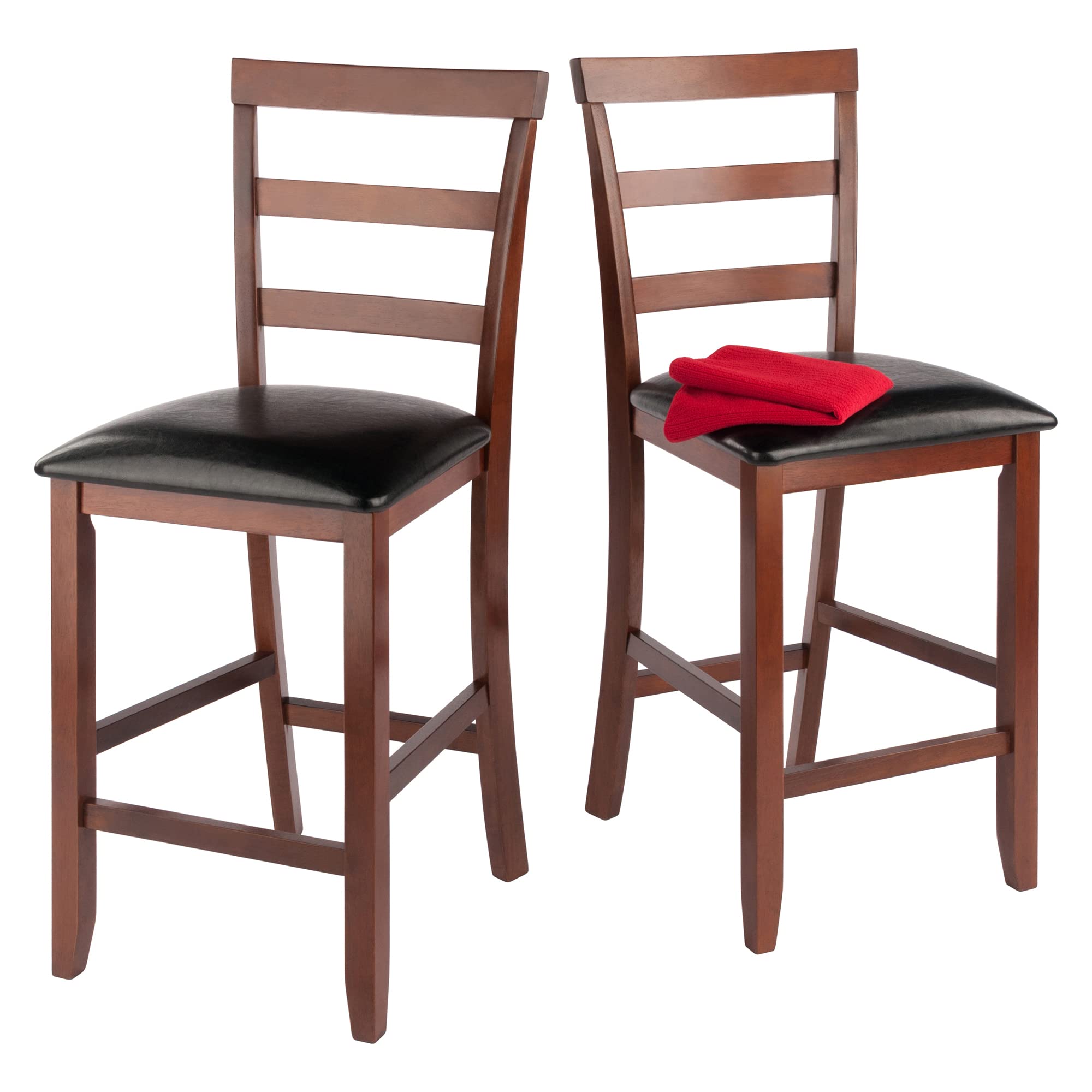 Winsome Simone 2-Pc Ladder Back Counter Stools Set, 25' Seat Height, Walnut Finish with Black Faux Leather