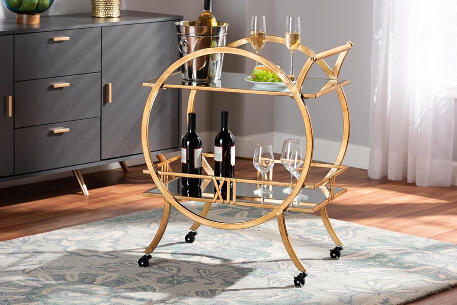 Baxton Studio Arsene Modern and Contemporary Antique Gold Finished 2-Tier Mobile Bar Cart