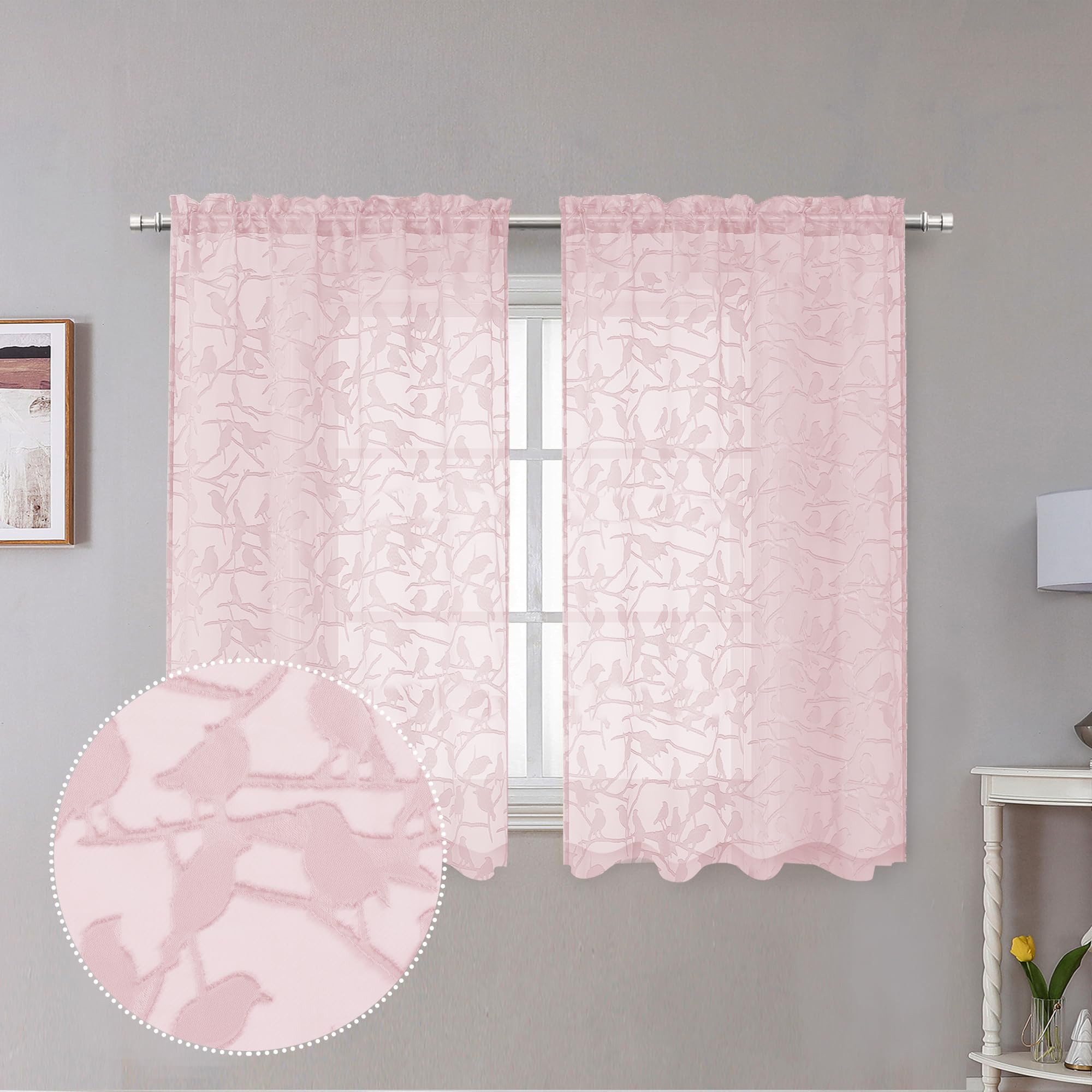 Ovzme Anji Textured Blush Sheer Curtain 45 Inch Length 2 Panels Set, Elegant Farmhouse Short Sheer Dining Curtains For Living Ro