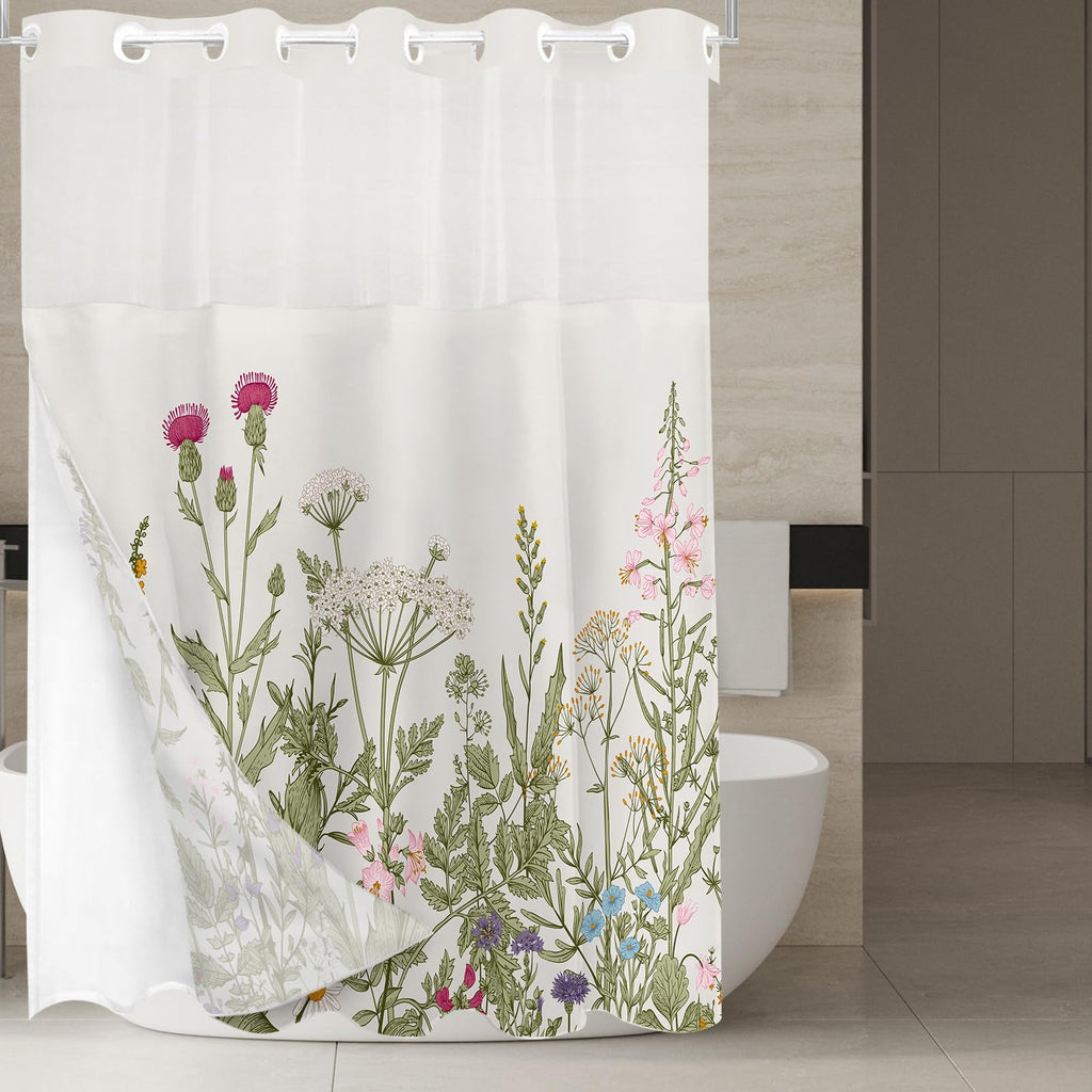 Tititex No Hooks Snap In Liner Vintage Wildflower Botanical Herbs Shower Curtain Sets, Hotel Luxury Double Layers Waterproof Fab