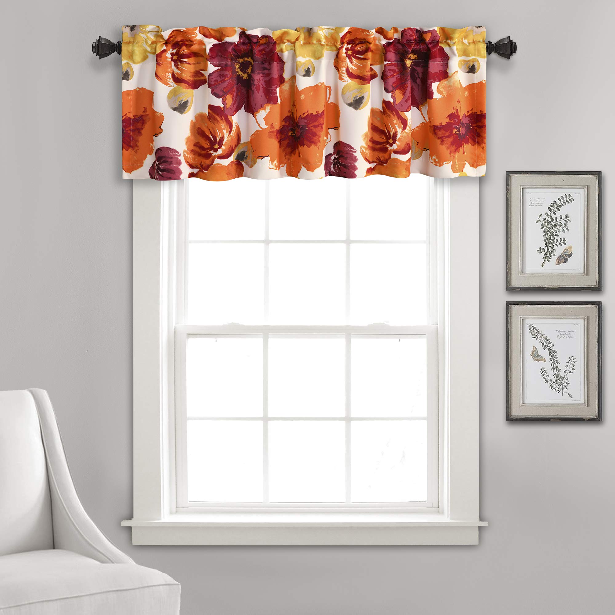 Lush Decor Leah Floral Light Filtering Valance, 52' W X 18' L, Red & Orange - Floral Curtain - Spring Decor - Colorful Bloomin