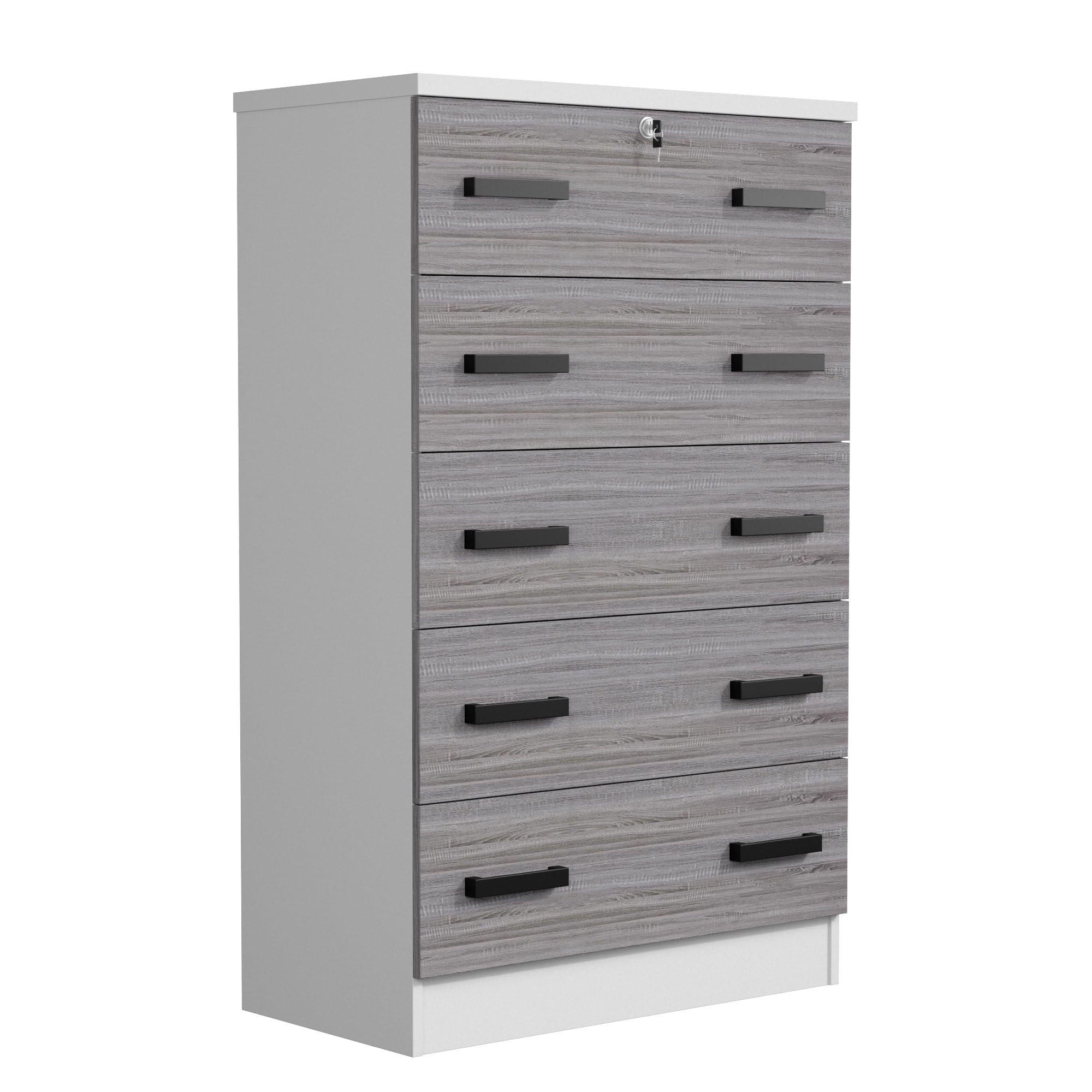 Cindy 5 Drawer Chest Wooden Dresser with Lock (White & Grey)