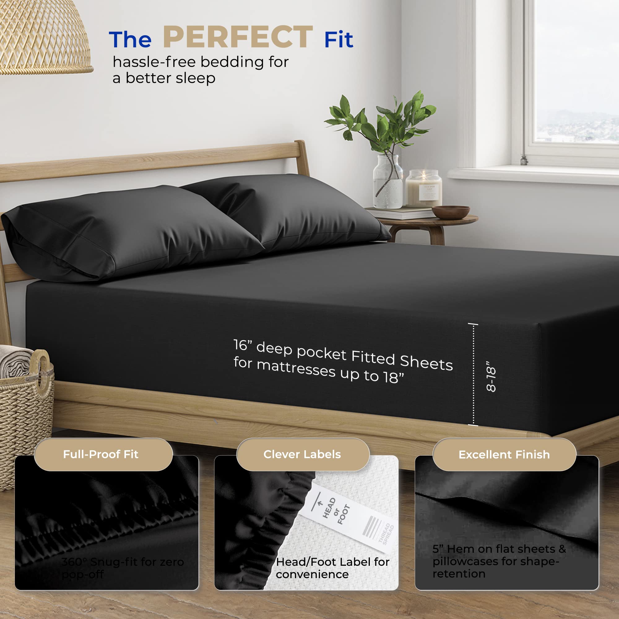 Thread Spread 100% Cotton King Size Sheets Set - 400 Thread Count 4 Pc Cotton Sheets For King Bed, Deep Pocket King Sheet Set For Hot Sleepers, Breathable Sheets King Size, Soft Cooling Sheets (Black)