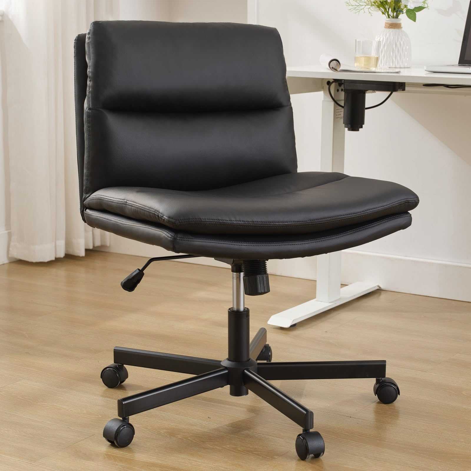 Okeysen Criss Cross Chair With Wheels, Armless Wide Seat Cross Legged Comfy Office Desk Chair, Pu Leather Height Adjustable Swiv