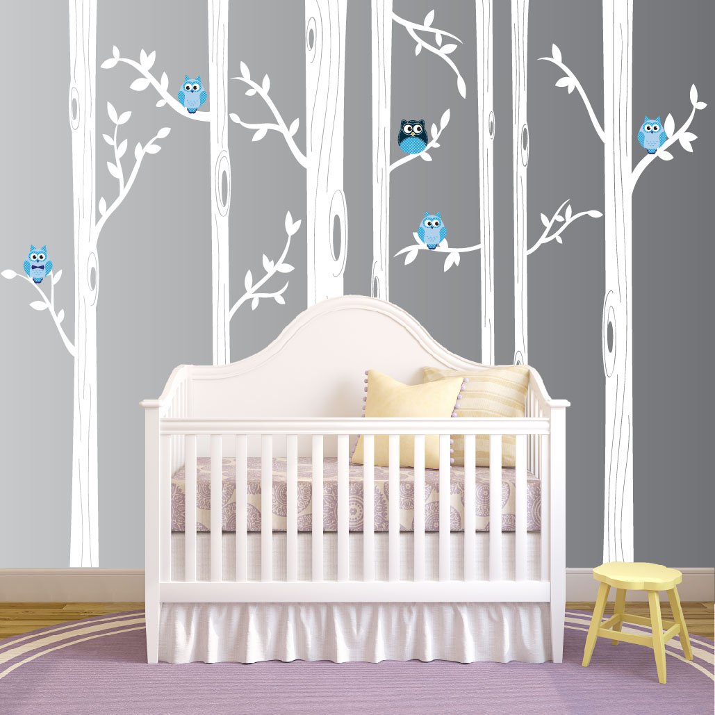 Nursery Birch Tree Wall Decal Set With Owl Birds Forest Vinyl Sticker, Birch Tree Wall Decal, Birch Tree Decal Baby Boy Whimsica