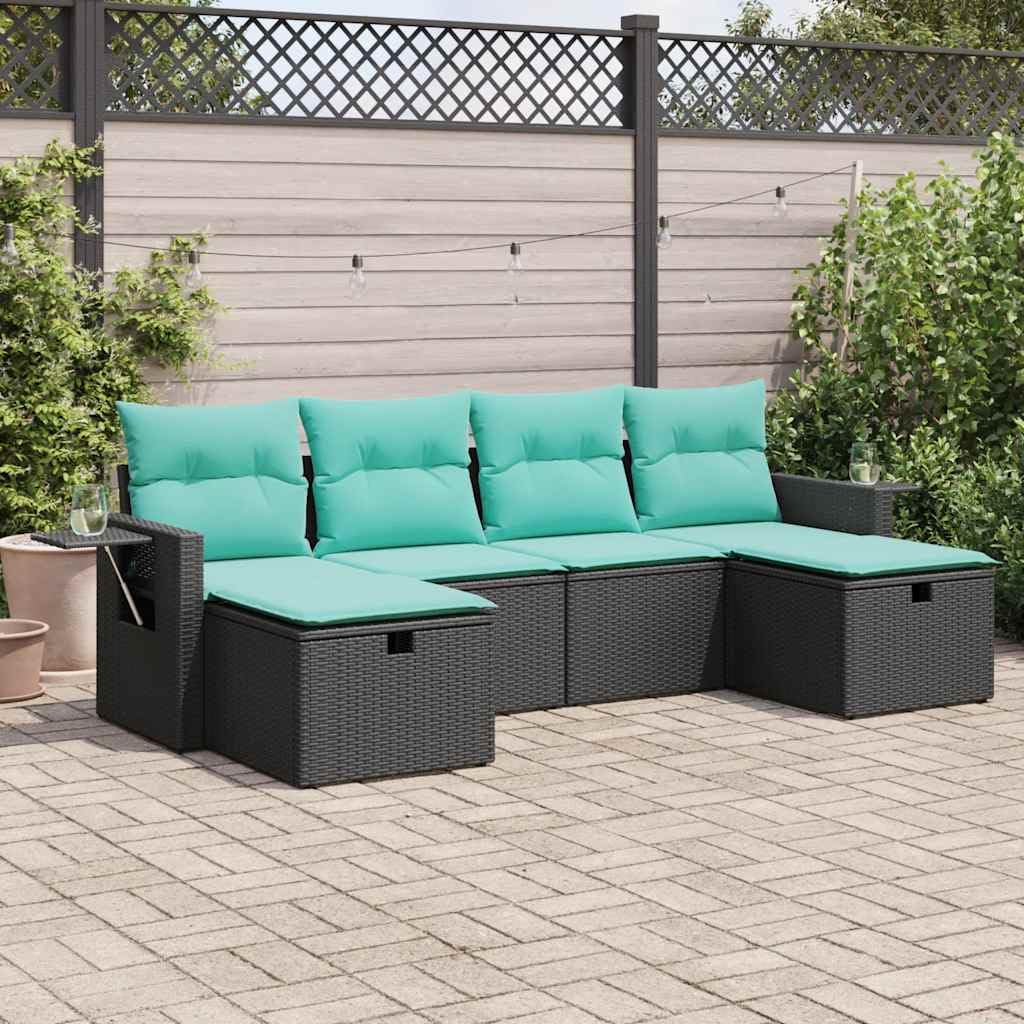 vidaXL 6 Piece Patio Sofa Set with Cushions Black Poly Rattan Outdoor Garden Furniture - Storage Seating Terrace Lounge
