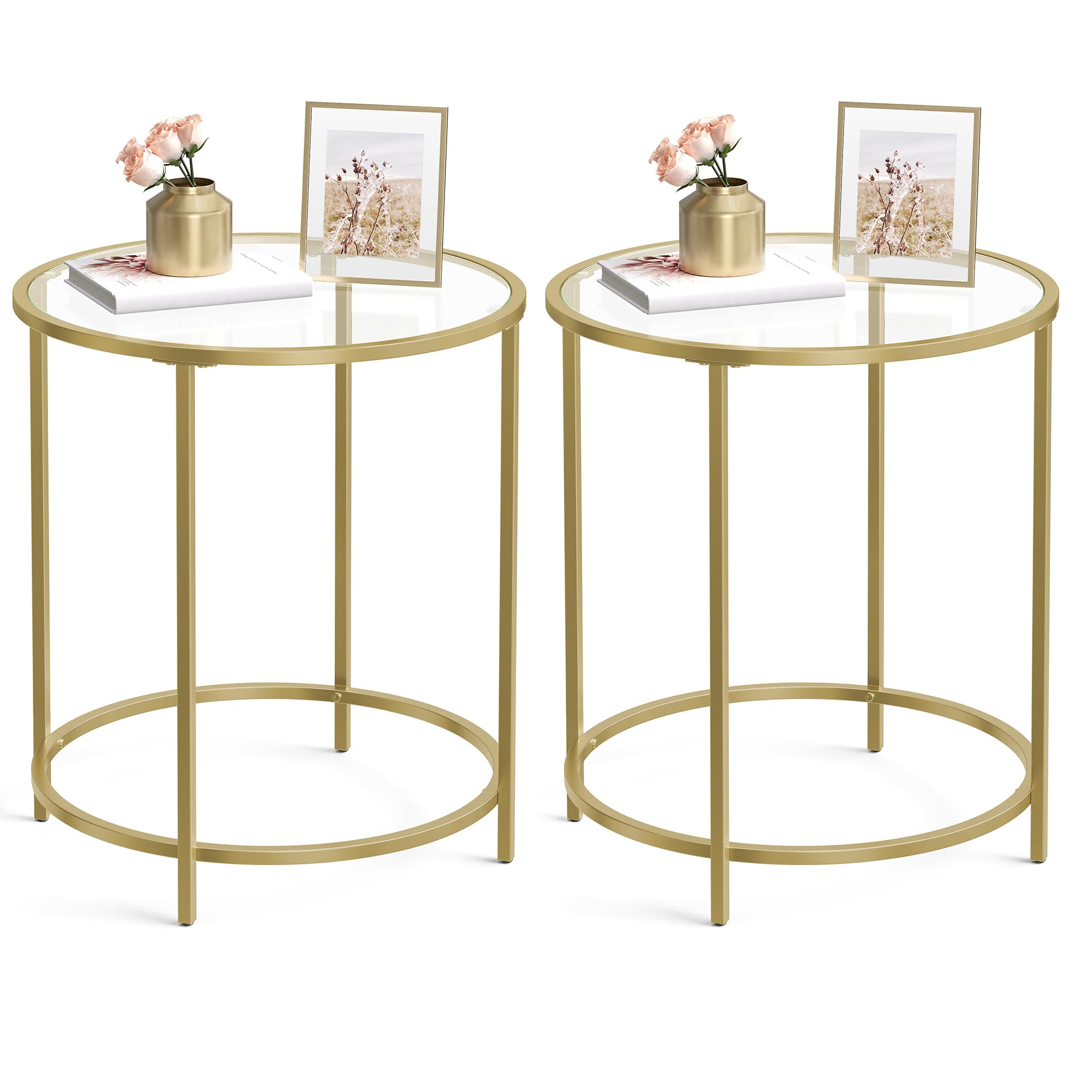 VASAGLE Round Side Tables, Set of 2, Glass End Tables with Metal Frame, Gold Coffee Tables with Modern Style, for Living Room, B